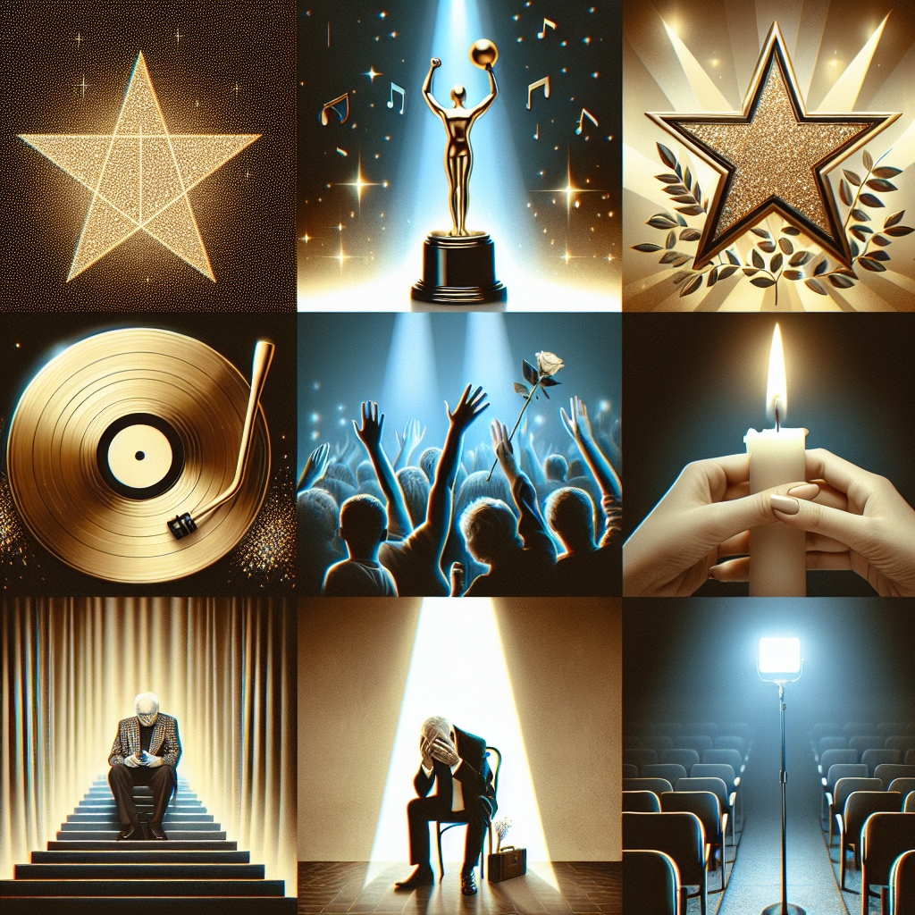 A collage of distinct events depicting life's highs and lows, without identifying specific individuals. It should feature an image of a star-studded award trophy to symbolize achievements, a golden record for mentioning record-breaking milestones, an image of grieving person with a candle in their hand signifying losses, and an empty chair with a spotlight on it to represent the absence of individuals who were once active in the limelight. Add overlays of celebratory and solemn texts to depict captivating updates and heartbreaking losses.
