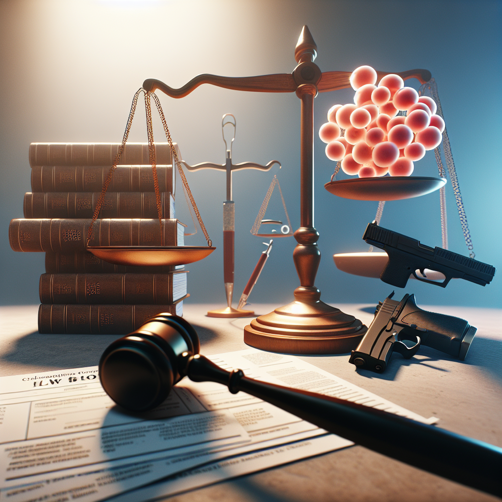 An abstract scene representing the influence of judiciary on three aspects - reproductive health, firearm regulations, and education finance. On one side, a gavel is striking down on a set of scales. In one pan, there is a compact group of cells, signifying the early stages of human life. In the other pan, there's a gun implying firearm laws. In the middle distance, a receipt for student loans stands tall, overshadowing a pile of law books. The whole scene is bathed in the soft light of justice, emphasizing the power and influence of the court's decisions.