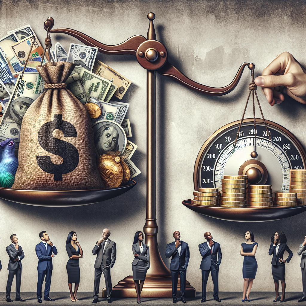 A meticulously composed image involving various elements expressing the gravity of Federal Reserve interest rate decisions. The layout consists of a large scale on one side, balancing a sack of dollars and a bag of gold, representing the balance between the economy and inflation. Next to the scale, a hand, symbolizing the Federal Reserve, adjusting an oversized dial titled 'Interest Rates.'  A diverse crowd of business professionals - Hispanic woman, Middle-Eastern man, Black man, South Asian woman, and Caucasian man - observe from a distance, each gesturing contemplatively to signify their strategies for managing inflation.