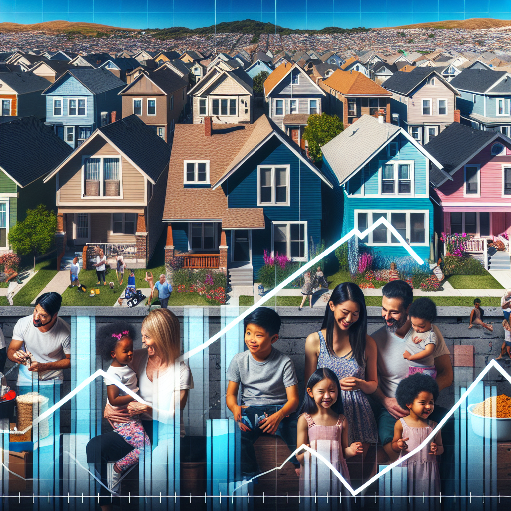 An intricate view of a US suburb with row houses on a sunny day, with a diverse mix of people representing different descents - Caucasian, Hispanic, Black, Middle-Eastern, South Asian, and White playing or working in their yards. In the foreground, there's a graph overlay showing the trend of rising mortgage rates. This image is juxtaposed with a contrasting and optimistic image on one side where a family, South Asian female and Middle-Eastern male with their children, looks happily at their recently bought home. Include a large text overlay saying 'Affordable Solutions to Rising Mortgage Rates'.