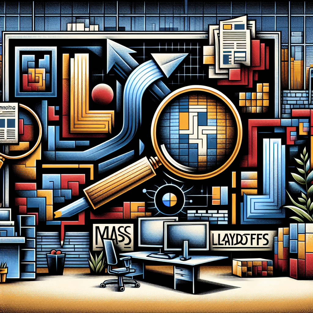 An abstract image depicting a shift in the tech industry. Include symbolic representations of powerful tech companies, like a logo made out of bricks for a search engine giant, and one made out of a ribbon for an online marketplace behemoth. Incorporate symbols of layoffs, like empty office chairs and abandoned workstations. Incorporate elements that evoke a sense of exclusivity and insight, such as a magnifying glass highlighting the logos, and a newspaper with the headline 'Mass Layoffs'. No people or facial expressions should be included in the image.