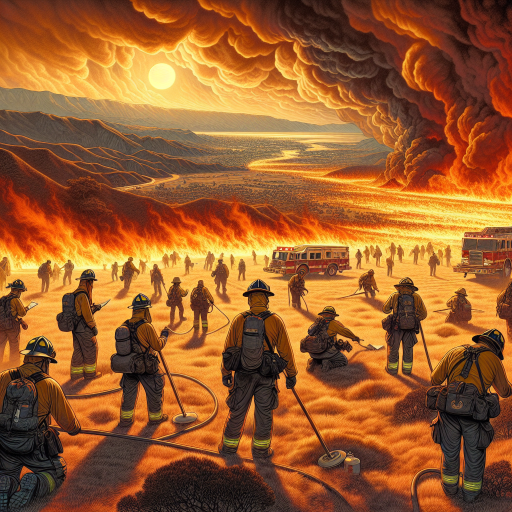 An intense illustration depicting the realities of a wildfire emergency during an extreme heatwave. Visualize the dry, fiery hues of the landscape, oppressive heat radiating across a vast expanse. Show a group of professional firefighters in the foreground, a mix of men and women of Hispanic, Caucasian, and Black descent, equipped with firefighting gear and engaged in various firefighting tasks. In the background, show smoke billowing skywards, throwing a veil over the once clear sky. If possible, subtly integrate the visual imagery of a wildfire management infographic in the corner of the image for a clear association with the article's main theme.