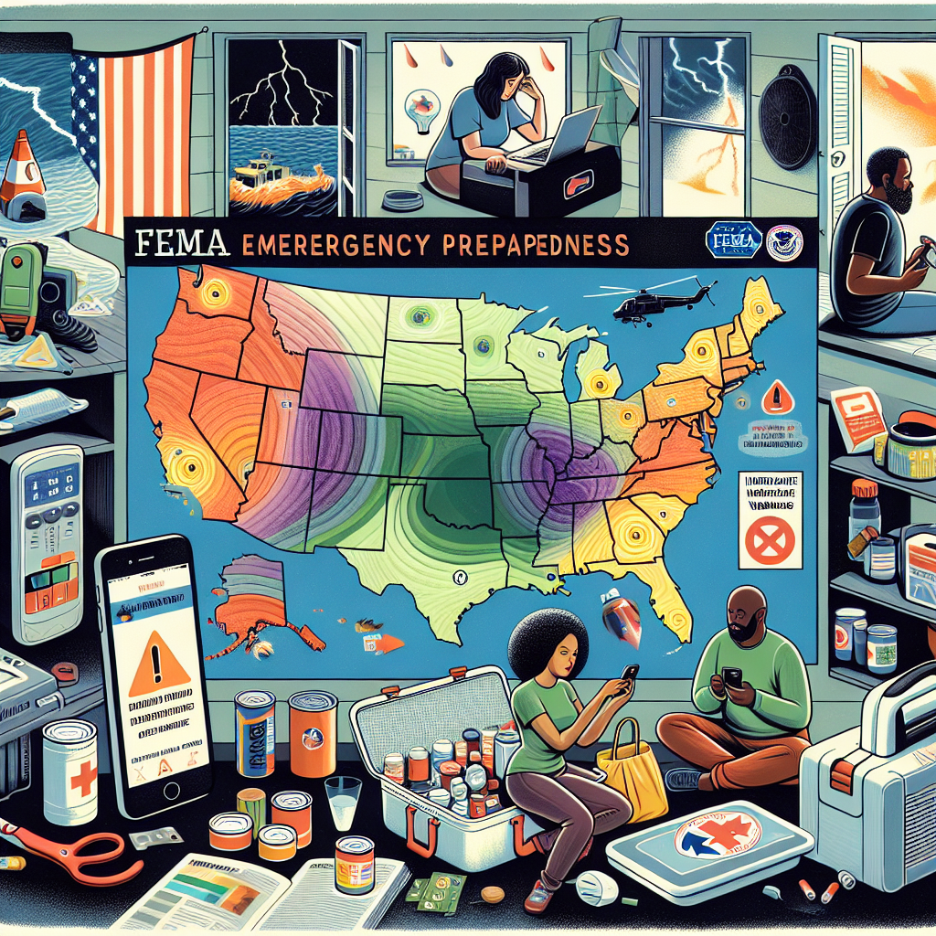 Imagine an informational scene detailing FEMA's emergency preparedness for hurricane season. The centerpiece is a detailed map of the United States, marked by colorful danger zones for potential hurricanes. Adjacent to the map, a much-evolved emergency kit is laid out: flashlight, canned food, medical supplies, a rechargeable radio, and so forth. Emergency alerts are visible on a nearby smartphone, showing up-to-date hurricane warnings. People of varied descents and genders are seen preparing: a Black woman barricading windows, a Hispanic man packing essential supplies, and a white male checking the local weather updates on his phone.