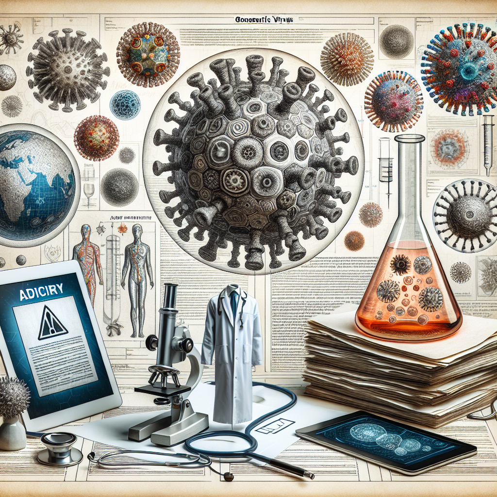 An intricate illustration of various microscopic views of a generic virus with emphasis on diversity in shape, size, and color, symbolizing new variants. Additional elements of healthcare like a white laboratory coat, a microscope, a detailed stethoscope, and stacks of scientific research papers present the scenario of intense medical research. Also, an urgent advisory notice about the new strains of the virus displayed on a digital tablet screen, prominently featured in the foreground. No real people or logos are present.
