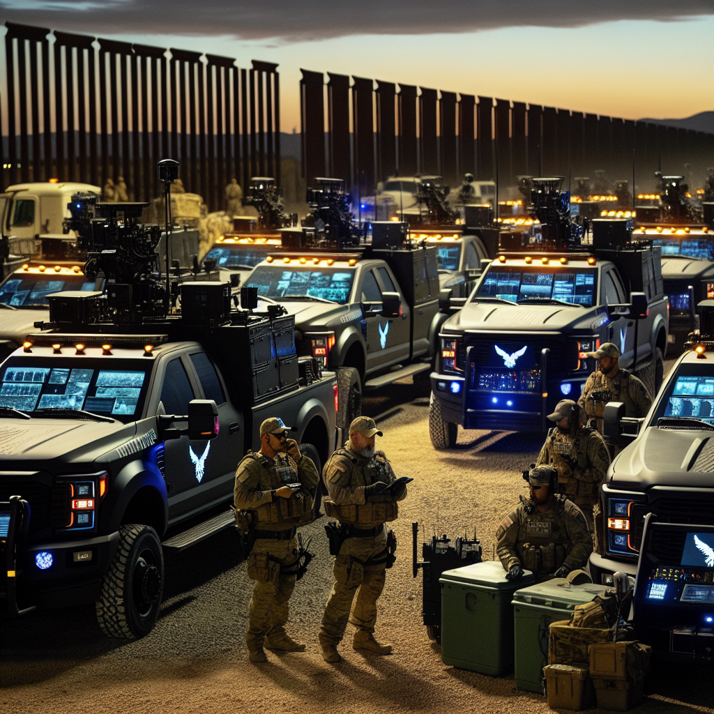 Picture a dramatic scene at the US-Mexico border in twilight. Heavy-duty trucks are lined up, each one bearing advanced technological equipment like drone controllers and radar systems. Some trucks have the symbol of an eagle, signifying government authority. Uniformed personnel of various descents and genders, including Caucasian, Hispanic, Black, and Asian, both male and female, are actively monitoring screens and communicating over radios. They exhibit a serious, focused demeanor, portraying their commitment to border security. In the backdrop, a tall, fortified border fence stretches out into the horizon, bathed in the fading light of the setting sun.