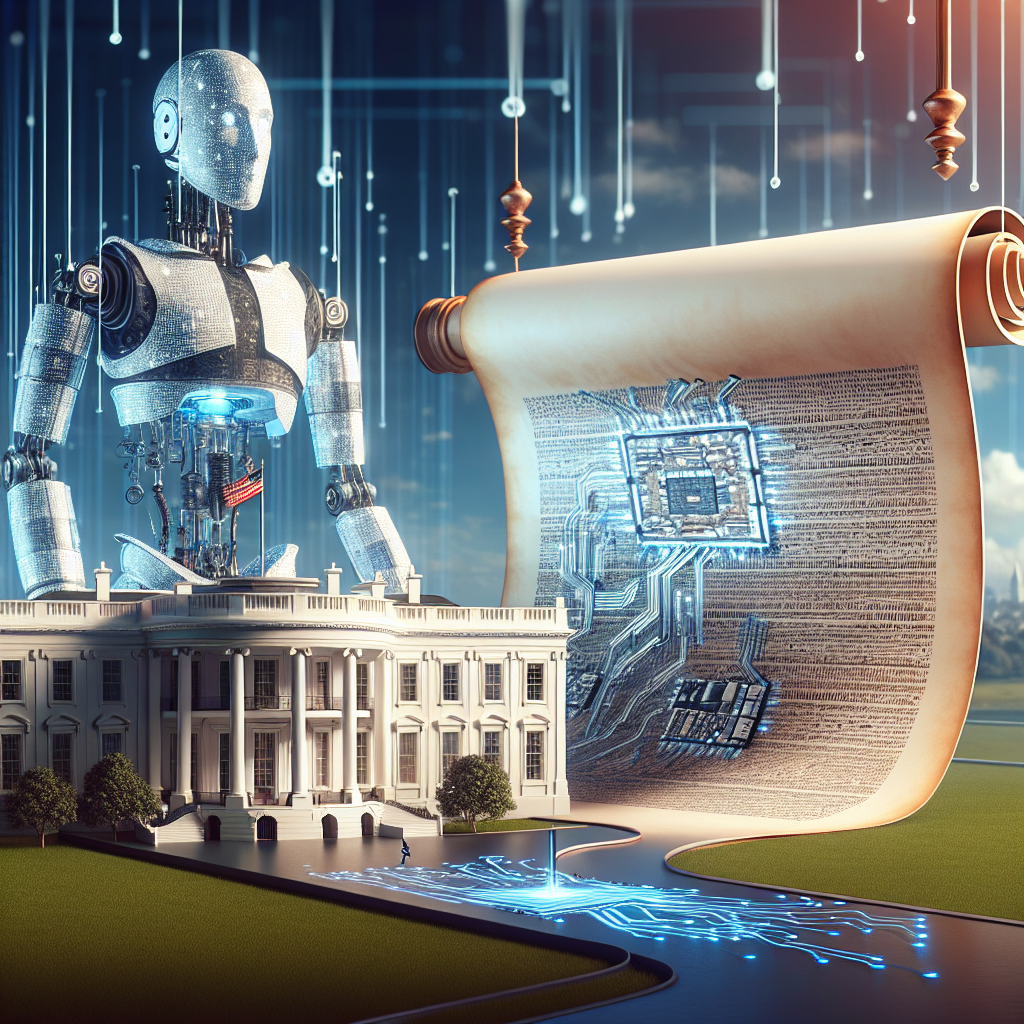 Imagine a symbolic representation of the topic 'AI Regulation'. It features a grand, high-tech building symbolizing the White House on one side of the scene. Across from it, on the other side, there's an advanced robot, personifying Artificial Intelligence, with its metallic panels reflecting the surrounding landscapes. In the middle, there's a giant, scroll-like document symbolizing policy or regulation, casting a shadow over the scene. It's unrolled, covered with microchip patterns instead of traditional writing, suggesting the combination of ancient legislation strategy and modern technology. The atmosphere is calm, but the situation is dynamic and full of potential.