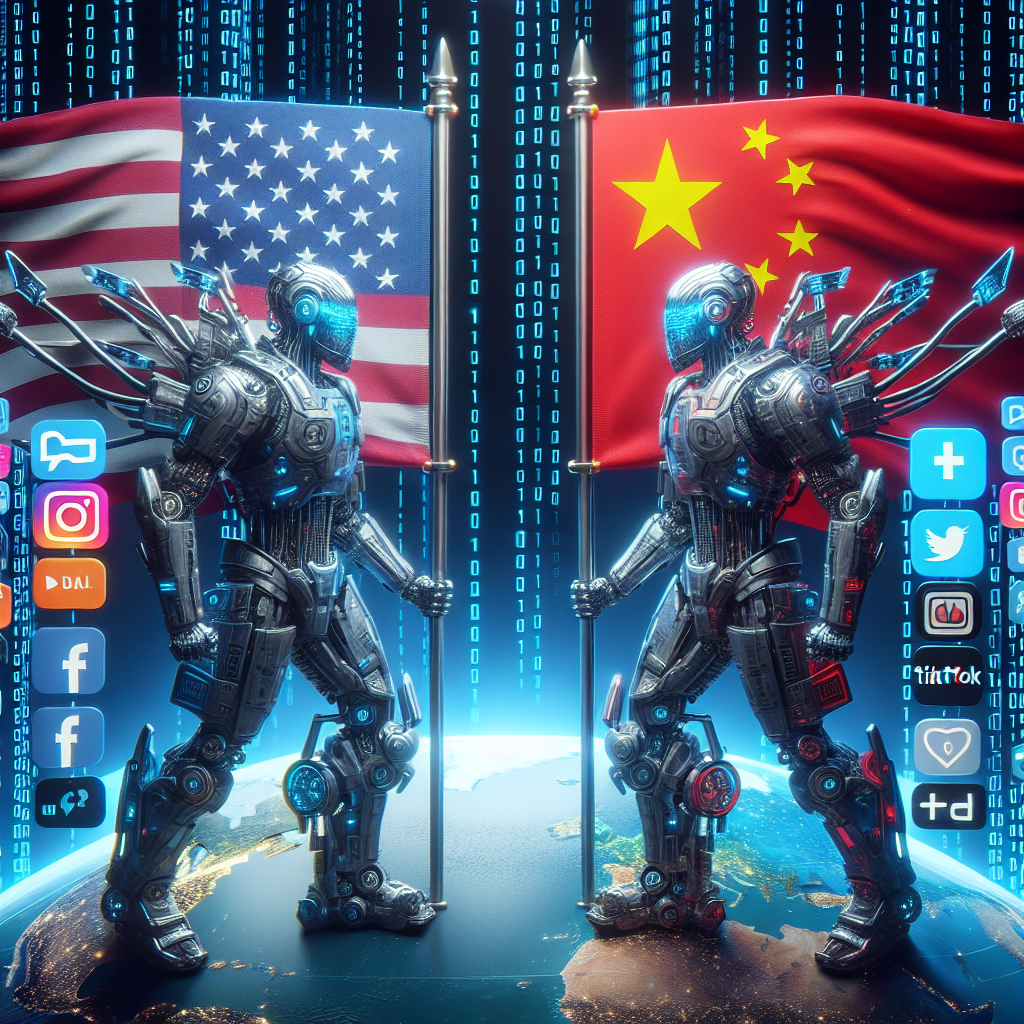 Imagine a conceptual image portraying the digital tech tensions between the US and China. To depict this, envision two knights in futuristic robotic armor representing the two nations. Each knight, standing on a global digital map, one on the US section and the other on China, are locked in an intense stare down. They are gripping banners with symbols representing several social media applications, at the heart of which is a clock symbol to signify TikTok. The surroundings are filled with binary code to signify the digital nature of the battle. Avoid political or public figures.
