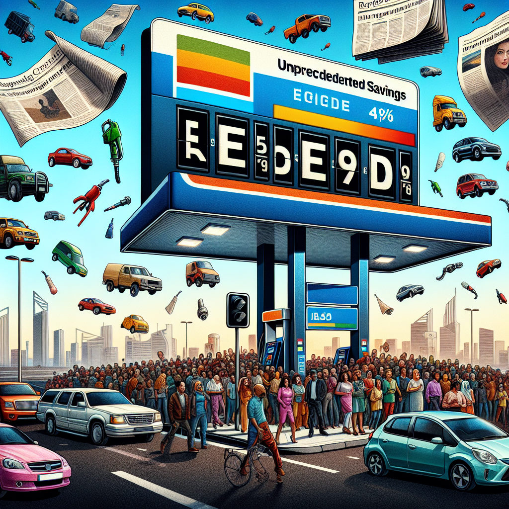 Illustrate an image featuring a large, digital gas station sign displaying drastically reduced fuel prices. The sign stands against a clear blue sky, and a busy highway filled with diverse array of vehicles can be seen in the background. Highlight the diversity by including vehicles of numerous styles and colors, symbolizing the usage of fuel by various people. Incorporate a newspaper headline flying in the wind with 'Unprecedented Savings' printed boldly. In the foreground, depict a broad spectrum of people from different racial and gender backgrounds, such as a Caucasian man, a Black woman, a Middle-Eastern woman, and a South Asian man, walking towards the station with noticeable smiles on their faces, embodying the relief caused due to the sudden drop in fuel prices.