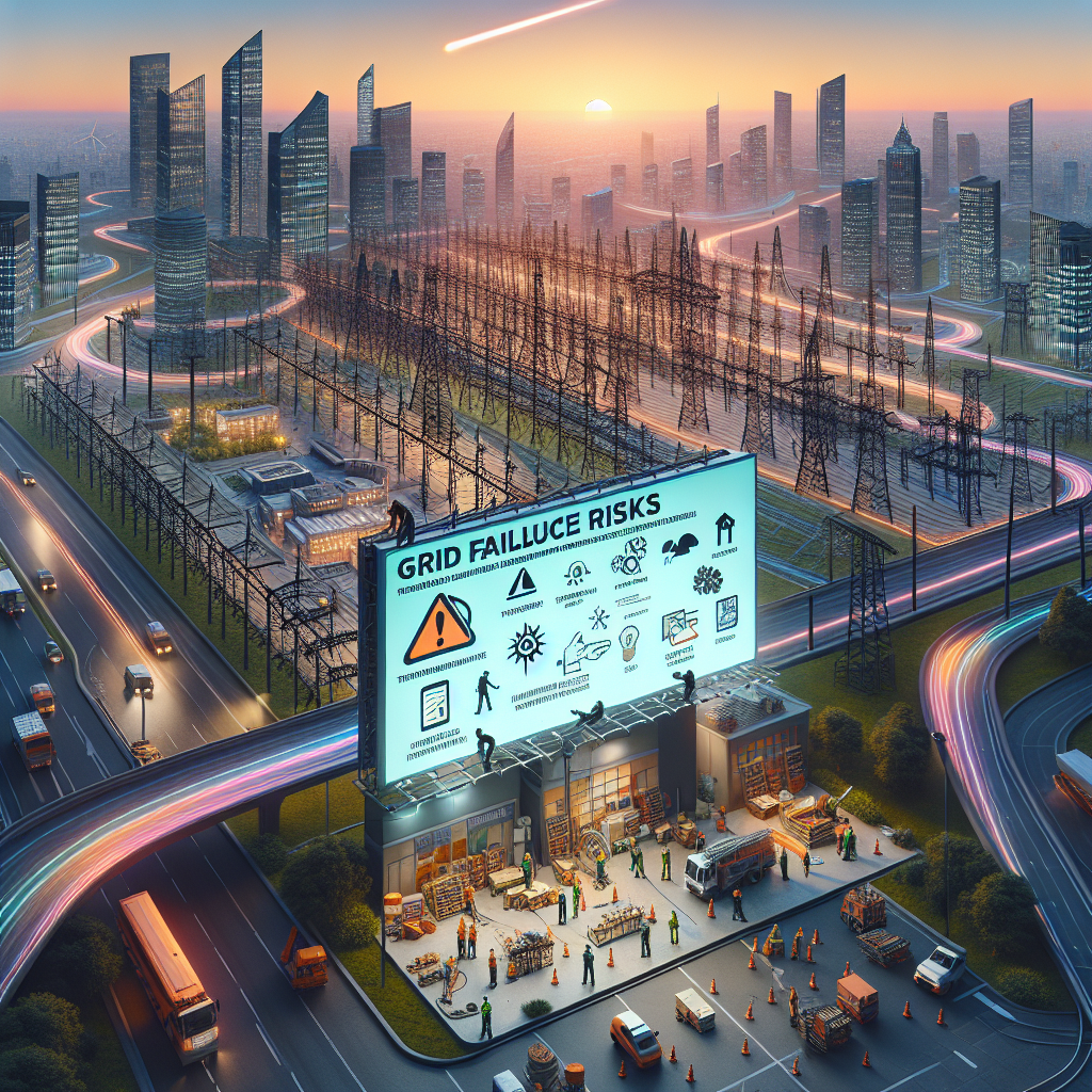 An expansive overview of a city during sunset with the grid of electrical lines dominating the landscape, illustrating the insurgence of electricity keeping the city alive. A billboard by the roadside depicts vital tips to prevent nationwide blackouts. Visible among them are tips about the use of solar panels, wind turbines, and other alternative energy sources. Nearby, maintenance crews consisting of diverse individuals can be seen diligently inspecting and repairing power lines, reinforcing the idea of preemptive actions against potential risks. A streak captions 'Grid Failure Risks' flies over the skyline, indicating the topic of the image.