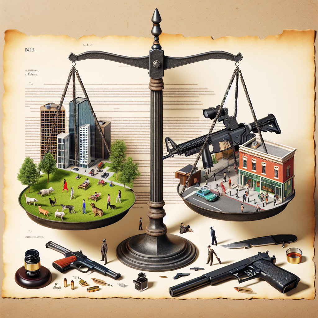 An image depicting a balanced scale where one side holds a 3D model of a modern city in daytime with diverse people from all descents and genders doing various daily activities such as walking dogs, playing in the park, chatting at a café, or commuting to work, and the other side holding a collection of different firearms like an assault rifle, handgun and shotgun. In the background, the parchment texture of a bill document, hinting at legislative decisions with a quill pen and inkpot next to it. No explicit or implicit reference to violence.