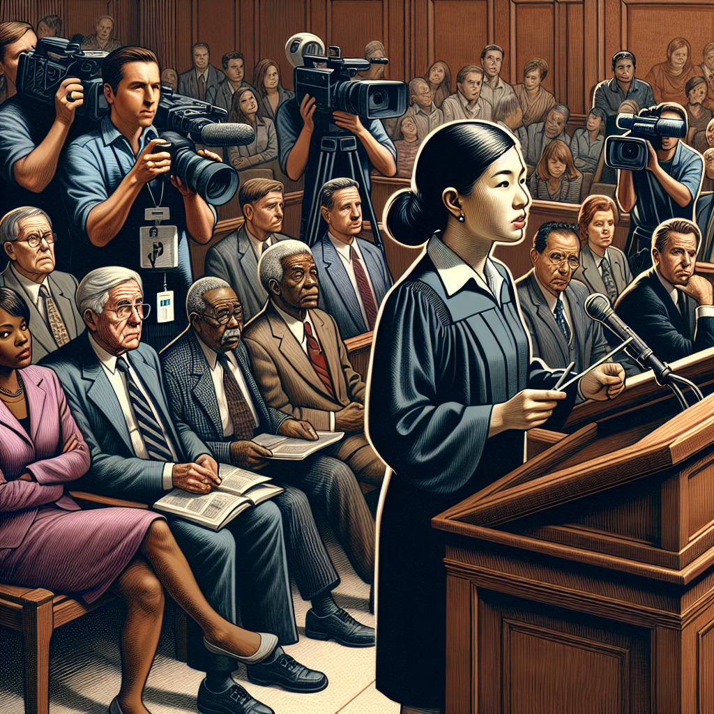 A detailed illustration of a dramatic court room setting illustrating the suspense of high-profile criminal trials in the USA. Show a diverse group of spectators, including a Middle-Eastern female journalist documenting events, an elderly Black male listening intently, and a young Hispanic man on edge awaiting the verdict. The judge, an Asian woman, should be presiding over the trial, with a gavel in hand. The room should be filled with tension, with all eyes fixated towards the judge.