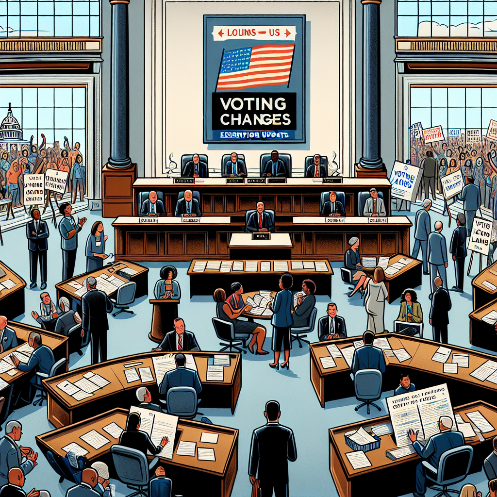 A scene inside of a legislative buildings, lawmakers from different races and genders are engrossed in a discussion about changes in voting laws. The desks are cluttered with papers and legislations drafts, and a giant board at the front of the room displays the words 'Voting Law Changes'. Outside the window, a group of diverse citizens are gathered, waving signs that read 'Essential Updates'. Also, include a visual interpretation of the words 'Post US Election', in the form of a stylized, calender page turned to November, with 'Election Day' marked on it.