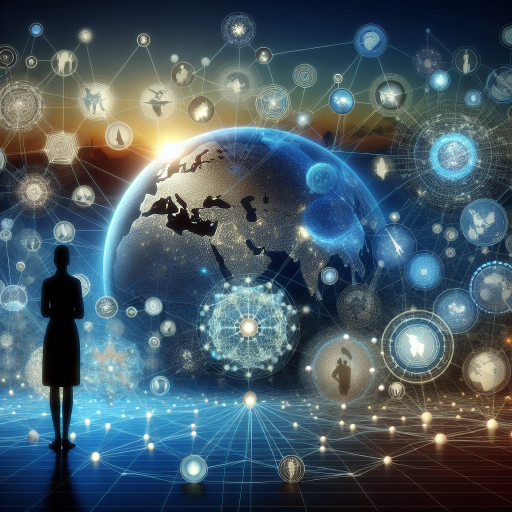 A 3D abstract image representing various elements of global security. The centre of the image is filled with a complex network of glowing orbs that represent various nations, with particularly prominent orbs indicating major global powers. Reflecting decisions related to military aid, some orbs are connected by thick, light-blue streams, depicting the relationships and support between them. A silhouette of a figure - a neutral, balanced depiction of a South Asian female - stands observing this network, representing a military strategist. The backdrop fades from dark blue, symbolizing potential threats to stability, to a hopeful sunrise, representing positive outcomes.