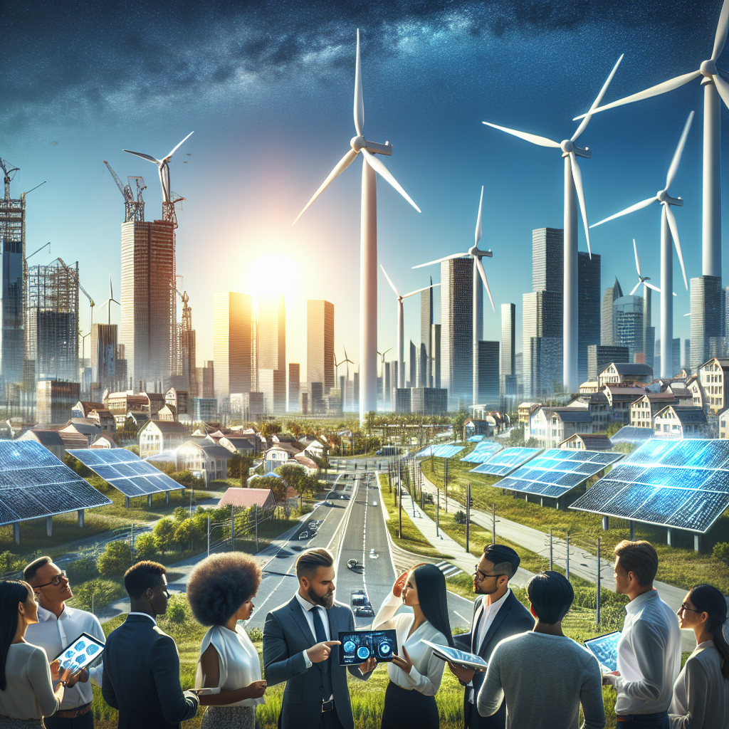 A bustling eco-friendly cityscape under a clear blue sky. Tall wind turbines stand tall in the background, rotating rhythmically as they convert wind energy into power. On one side, a solar power farm basks in the sunshine, shimmering panels absorbing and transforming sunlight into electricity. In the foreground, a diverse group of people  - a Black woman, a Hispanic man, a Middle Eastern woman and a South Asian man -  are in a meeting, discussing plans while pointing at digital tablets that display graphs and charts of clean energy investments. The scene conveys a serious commitment to climate change legislation.