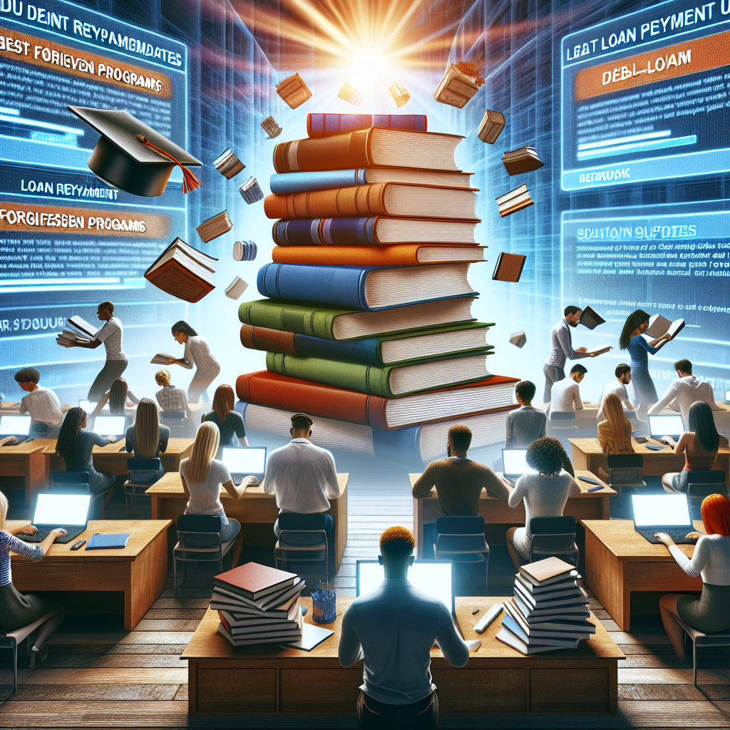 Create a detailed image that represents the concept of 'Student Loan Repayment Updates: Best Forgiveness Programs'. The scene should portray the diversity of students, with people of various descents such as Caucasian, Hispanic, Black, Middle-Eastern, and South Asian. The students, both male and female, are shown studying diligently at their desks piled high with textbooks. Nearby, digital screens display the latest updates on loan repayment policies, with certain tabs highlighting 'Forgiveness Programs'. In the background, a bright ray of sunlight illuminates a metaphorical path, symbolizing the hope for a debt-free future.