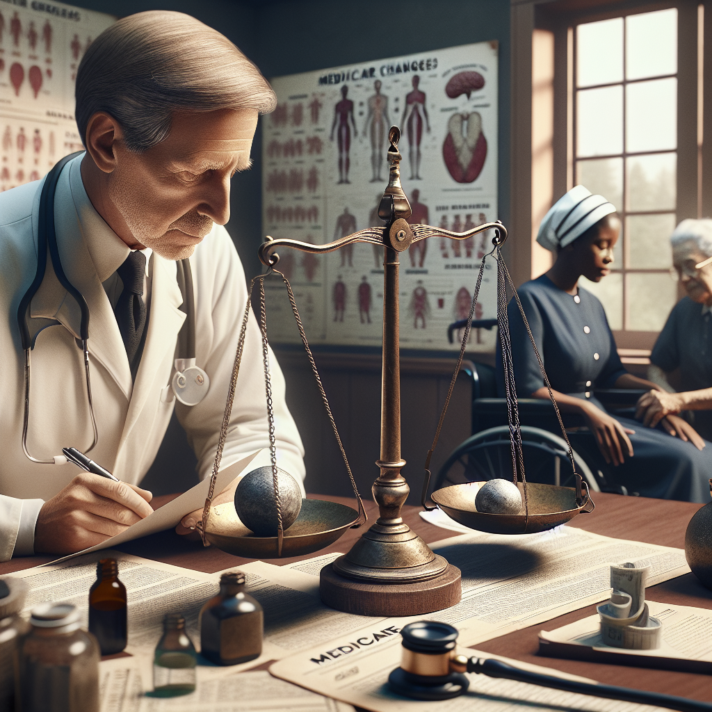 Visualize a peaceful scene in an early 20th-century medical office, filled with period-appropriate medical tools and equipment. In the foreground, a middle-aged male Caucasian physician is seen, deeply engrossed in reviewing some important documents. Close to him, a young Middle-Eastern female nurse assists a senior Black woman in a wheelchair. The focus is on a metaphorical scale, perfectly balanced, placed prominently on a table. The weights on it symbolize the balance between healthcare costs and benefits, indicating affordability. The surrounding walls are adorned with charts and graphs, representing Medicare changes and the evolving landscape of the healthcare industry.