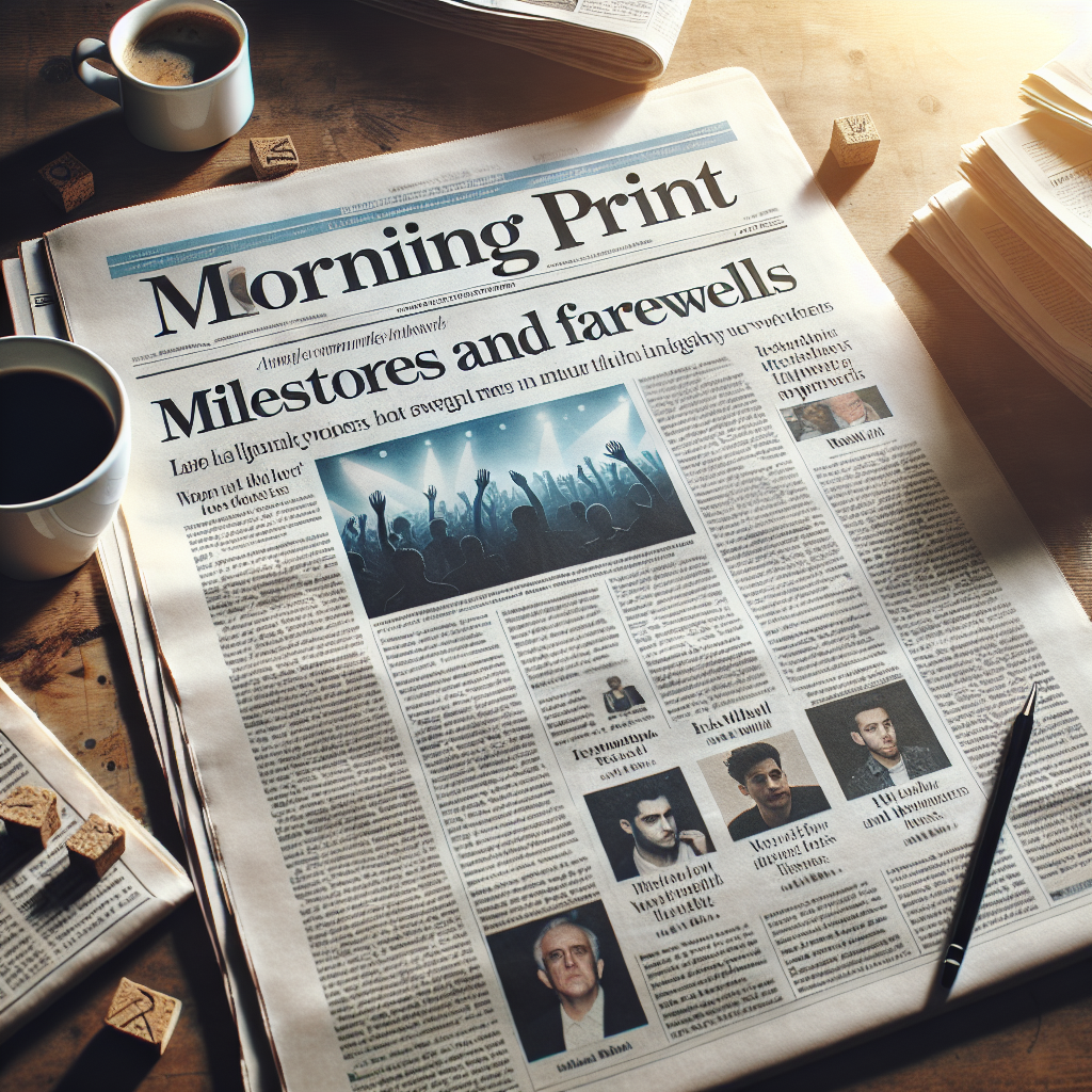 A newspaper, spread open, likely from morning print, which hosts the front page headline: 'Milestones and Farewells' written in bold letters. The paper includes sections for obituaries and achievements, and is accompanied by a cup of steaming coffee on a wooden table. There's also a separate section on the page, filled with text and small icons representing significant events in the entertainment industry. Elements around suggest a casual, morning atmosphere with sunlight peeking in and casting a warm glow over the scene.