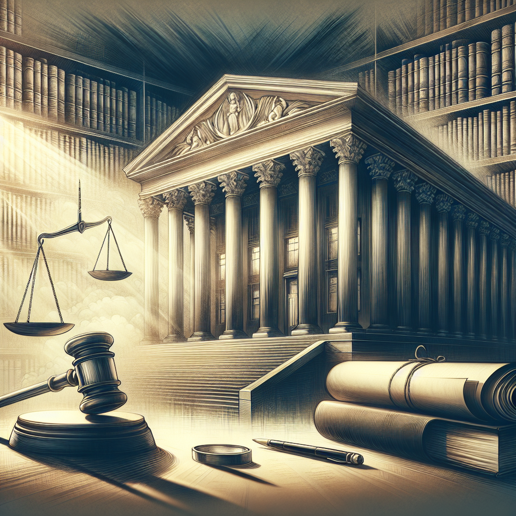 A conceptual illustration of a towering courthouse, reflecting the power and authority of the judiciary. In the foreground, a pair of scales symbolizes the balance of justice. Beside it, a rolled-up document signifies law and legality. The background is filled with books, evoking the vast body of laws and judicial precedents. The atmosphere is serene showcasing the calm that justice brings. The image is in the style of early 20th-century realism, lending a sense of timelessness and gravity to the composition.