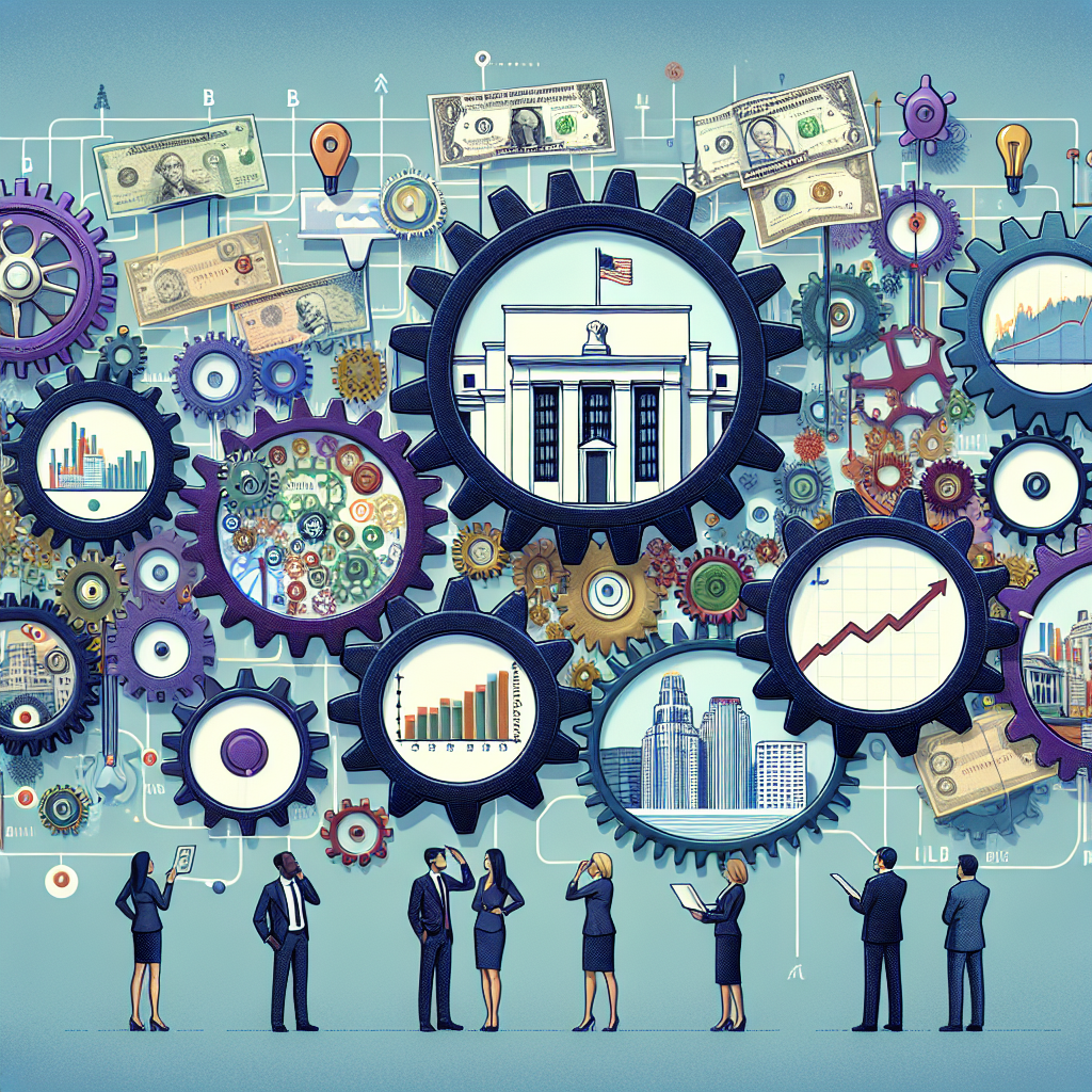 Visualise an interconnected gears mechanism representing the Federal Reserve. Included in the network of gears are various elements related to interest rate decisions such as economic indicators, banknotes, a bank building, a chart showing an upward trend symbolizing optimistic inflation outlook. Key players such as economic experts, not specific people, are mulling over these gears attempting to predict the outcomes and impacts of the decisions. The experts possess diverse descents for instance one is of Asian descent and female while another is male and of African descent.