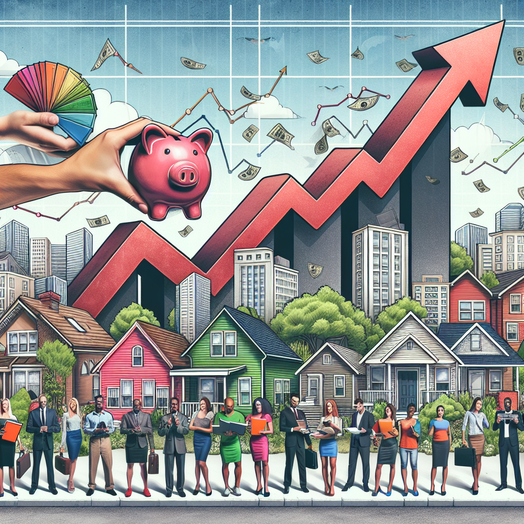 Formulate an image representing the concept of increasing mortgage rates in the US, and the best strategies to navigate through the housing market crisis. Visualize this crisis with a graph sharply ascending to represent the climbing mortgage rates. Next to it, illustrate a diverse group of people, each clutching colors of financial strategies such as saving piggy banks, investment bibles, calculators, or notebooks with budget plans. The backdrop should be a mix of urban and suburban houses, suggesting the breadth of impact across different settings.