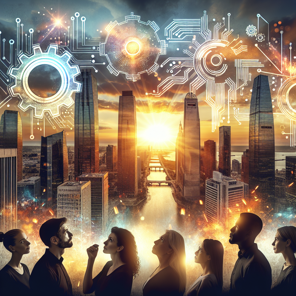 An image featuring a skyscrapers skyline at sunset representing the technological industry. Among the high-rise buildings, display some key symbols representing tech titans such as an abstract chip or a gear, painted with a hint of melancholy due to layoff news. Insert some thematic elements to signify optimism such as sparks or rays of light breaking through the clouds, indicating strategies to thrive. Include a group of diverse people - a Caucasian man, a Middle-Eastern woman, a Hispanic man, and a Black woman-all looking up at these symbols, bearing hopeful expressions.