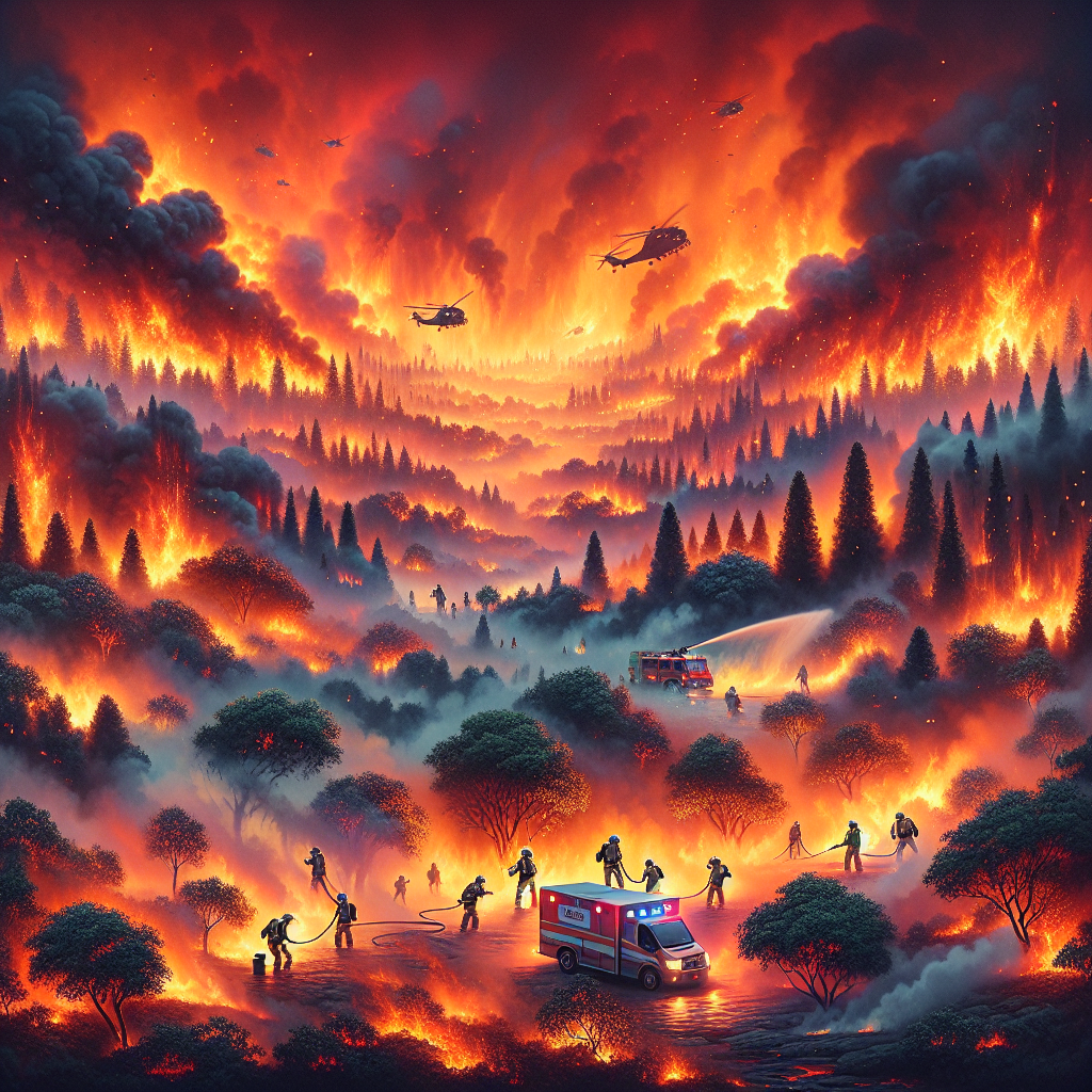 Create a detailed scene showcasing the intensity of a wildfire emergency, focusing on its massive scale and the extreme heatwaves it generates. Depict smoky, orange-red skies filled with dancing flames and trees ablaze, underlining the urgency and hazardous conditions. Show fire service professionals of various descents and genders, wearing protective gear, tirelessly battling the ferocious flames with fire hoses and tools. To provide contrast, visually portray a small, verdant area unblemished by the fire, symbolizing hope and resilience amidst crisis. Do not forget to add an ambulance with paramedics ready, displaying the combined efforts of different teams in such emergencies.