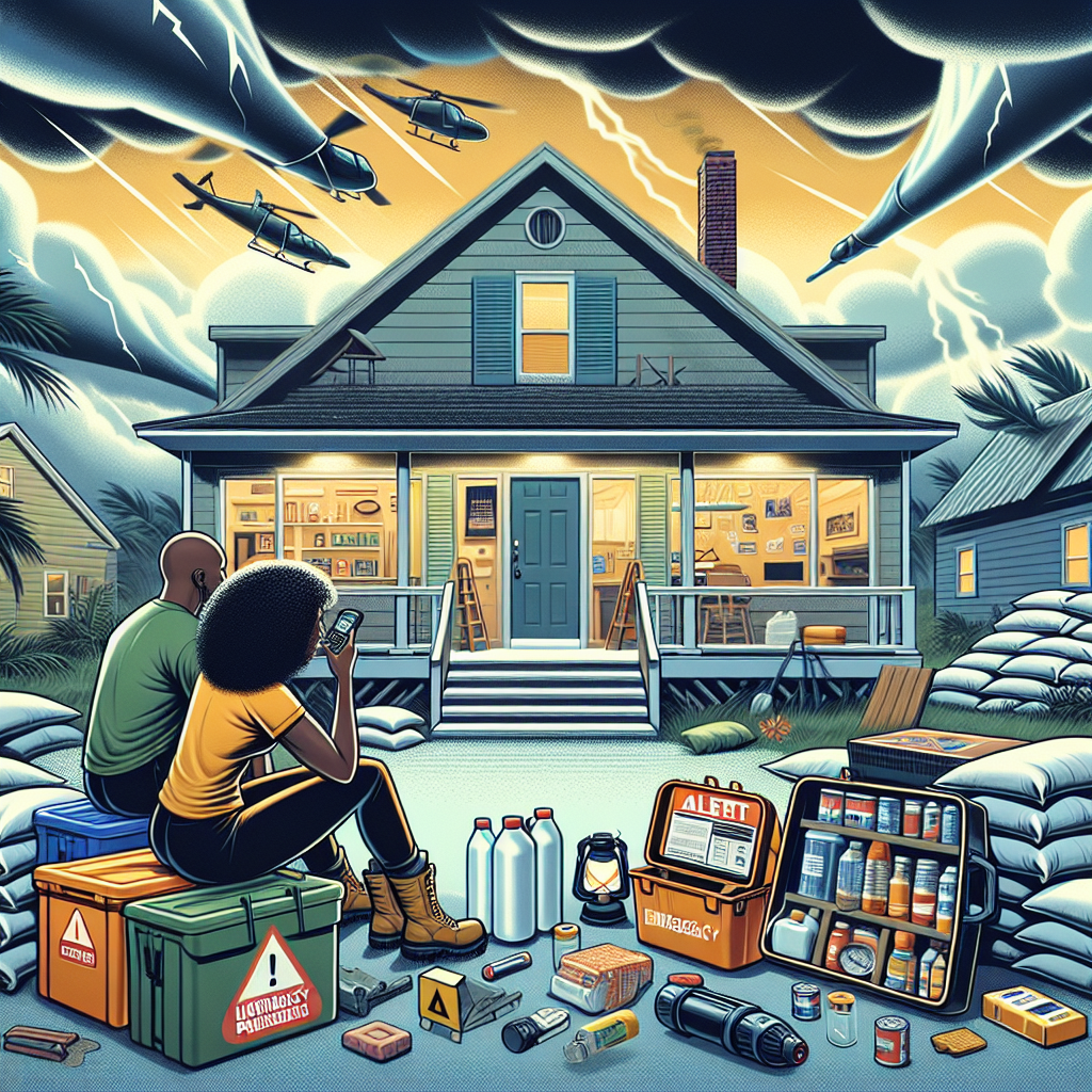 Visualize a scene depicting emergency preparedness for the hurricane season. Show a civilian home's exterior fortified with hurricane shutters, sandbags near doors, a roof strapped down to prevent wind damage, and emergency supplies neatly arranged. Indoors should be a Black woman listening to a battery-powered radio, while her Hispanic partner double checks their prepared emergency kit complete with bottled water, canned food, flashlights, and first aid supplies. Above them, an illustration of an alert message emphasizing the importance of preparation. The entire scene should be set against a backdrop of a cloudy, ominous sky, indicating the approach of a potential hurricane.