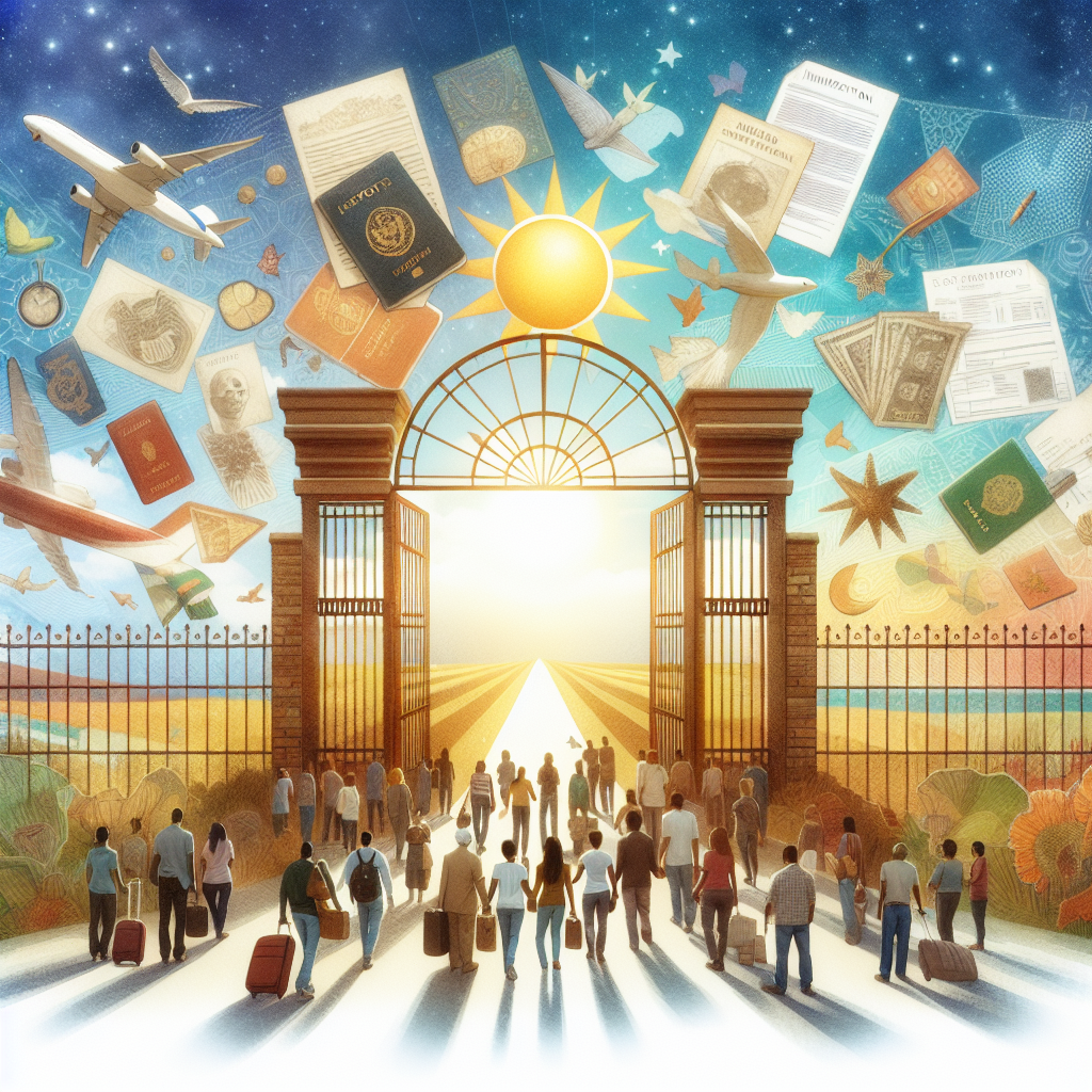 Create a tranquil image that encapsulates the idea of policy updates towards immigration. Picture a large, sturdy, and welcoming gateway symbolizing the border crossing point. The gate is constructed from warm-colored wooden planks signifying welcome and security. There are also images of diverse documents such as passports, visa papers, and immigration forms fluttering around it, demarcating changes in the policy. On one side, illustrate a bright morning sun, indicating a fresh start, and on the other side, a starry night sky, denoting the dream of immigrants for better lives. Include diverse people of various descents like Caucasian, Hispanic, Black, Middle-Eastern, and South Asian, evenly distributed, waiting peacefully to cross, emphasizing the human aspect of these policies.