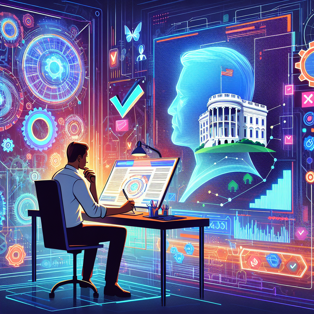 Illustrate an engaging, dynamic scene that represents the notion of navigating AI regulation effortlessly. Let's see a human figure, a Caucasian male scientist busy working on a futuristic AI interface with glowing light and complex diagrams in a high tech laboratory. On a large digital screen beside him, depict a symbolic representation of 'White House' such as a silhouette or a monolithic white structure. Around this, visualize colourful elements that represent harmonious compliance like check marks, a roadmap, or gears fitting together. Avoid any direct references to American flags or any political figures.