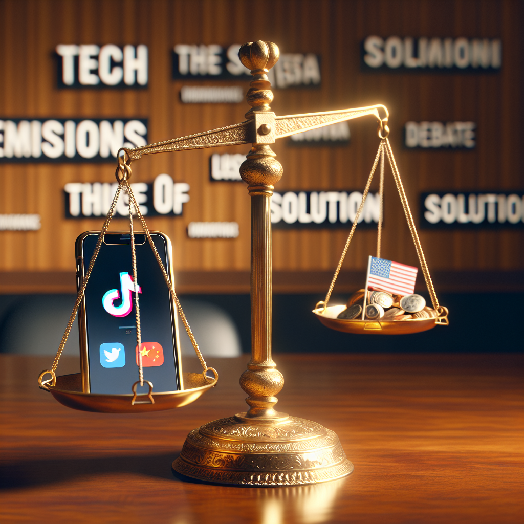A delicate balance scale made of classic gold rests on a wooden desk, symbolizing the delicate discussion underway. On one side of the scale, there's a smartphone displaying the TikTok app, a popular social media platform. On the other side, sits a symbolic representation of the United States and China, such as a miniature flag of each country. In the background, words like tech tensions, debate, and solution float in the air as if emerging from the scale itself. The scene captures the potential impact of modern technology on international relations.