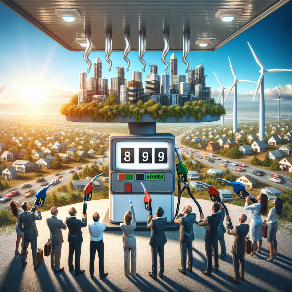 A conceptual image showing the significant decrease in gasoline prices in the United States. Capture a close-up view of a traditional analog gas pump with the price numbers flipping downwards as if decreasing. To express the positivity of the energy policy shift, illustrate a compelling backdrop of an eco-friendly city. Depict well-constructed, energy-efficient buildings and wind turbines in the distance, under a clear blue sky. Place happy and satisfied people of various descents and genders filling their cars at the pump, expressing their joy about the price drop.
