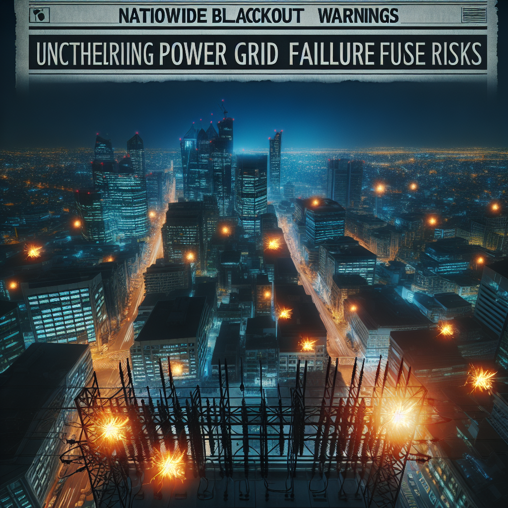Visualize a nighttime scene of a cityscape where every building is in complete darkness due to a massive power outage, emphasizing the vast expanse of the blackout. Use lighting strategically to show that streetlights and traffic signals are off too, reinforcing the severity of the situation. To the side of the city, showcase an exposed power grid that has sparks coming out of it, illustrating the failure of the system. Over the city, have a newspaper headline-style text hover, stating 'Nationwide Blackout Warnings: Uncovering Power Grid Failure Risks'.