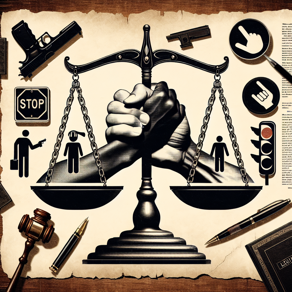 Create an image depicting a balanced scale, symbolizing legislation. On one side of the scale, introduce two fists tightly gripping one another, including a male South Asian hand and a female Middle Eastern hand, signifying unity against a shared issue. On the other side, feature three safety signals such as a stop sign, pedestrian signal, and a safety helmet. Underneath the scale, symbolize gun violence subtly with a silhouette of a broken gun. In the background, introduce elements of a legislative office like the wooden gavel, ink pot and parchment. Make sure the overall tone conveys a serious and urgent atmosphere.
