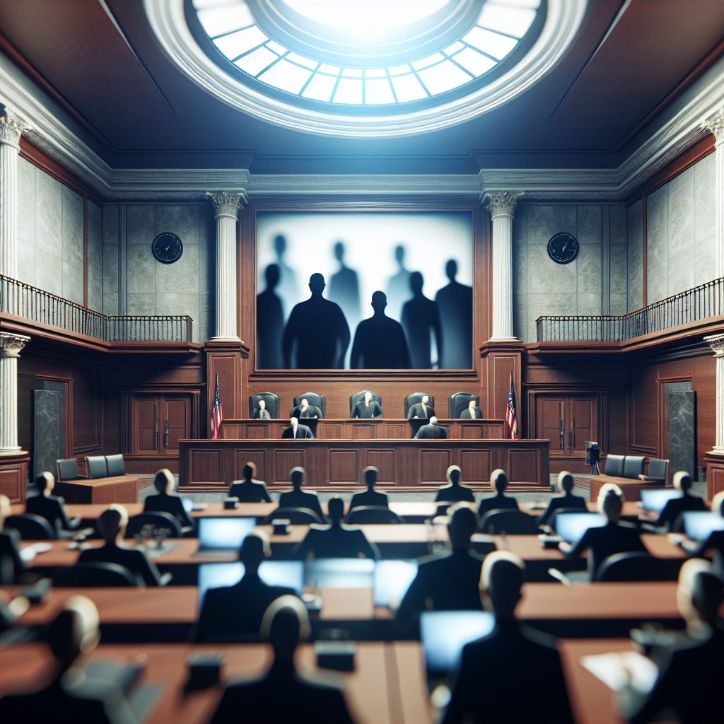 Illustrate a dramatic image of an empty courtroom setting indicative of a high-profile trial. To foreground the theme of 'must-watch verdicts', present a large screen within the courtroom where blurred figures representing the jury can be seen deliberating. Include details such as a witness stand, a judiciary bench, desks for the prosecution and defense, and a public gallery filled with courtroom observers. Make sure to hint at the intense anticipation related to the impending verdict. Please avoid including any specific persons, logos, or identifications.