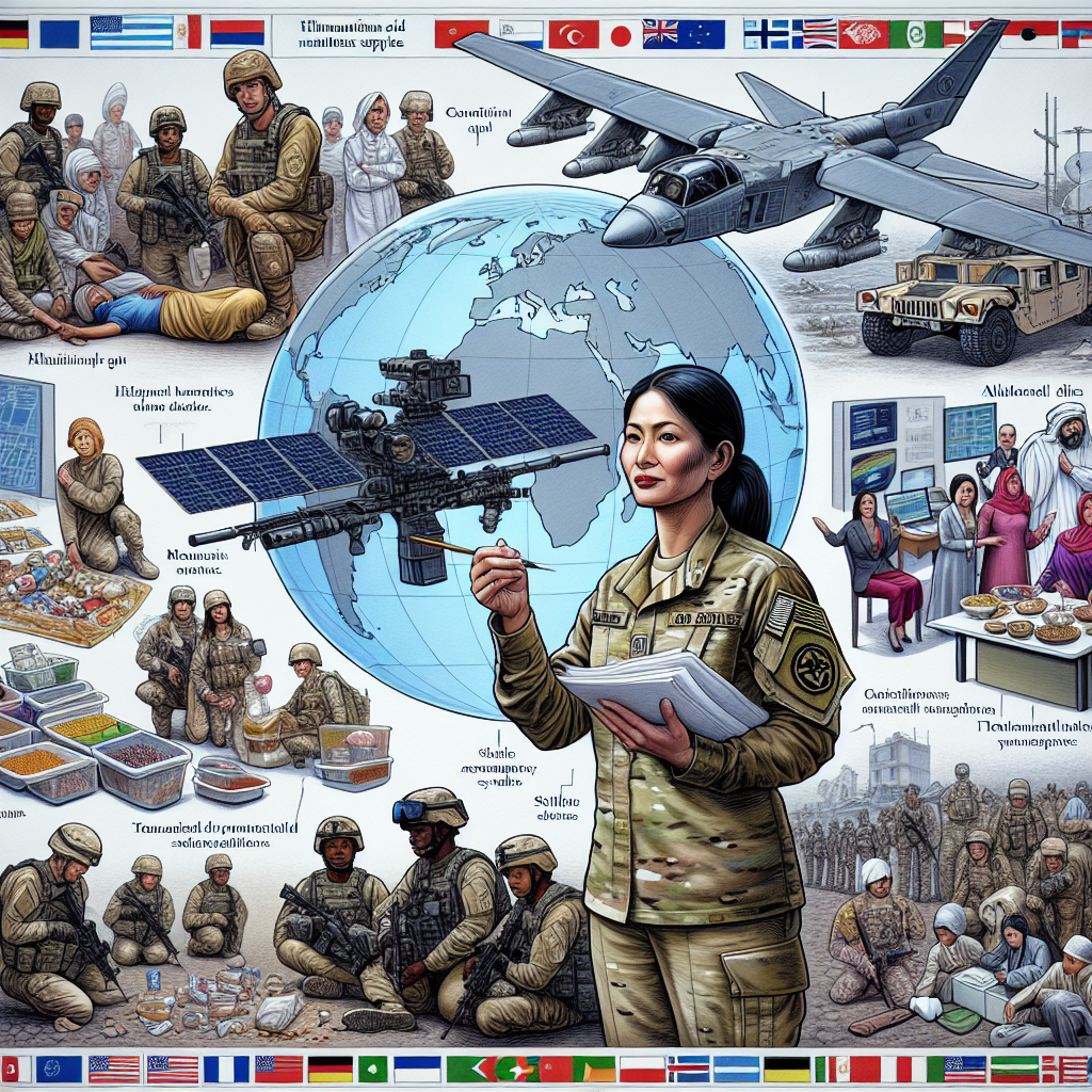 A detailed illustration showing a range of military aid mechanisms used by the United States for enhanced global security. At the forefront, include a depiction of humanitarian aid such as medical supplies and food rations. Following this, include images of training and educational programs for allied forces, where a south-asian woman instructor is seen delegating tasks to a diverse group of soldiers. In the background, show technological aids like satellite surveillance systems. Do not include specific politicians or countries. Merely imply the global nature of these efforts through flags of various countries without labeling.