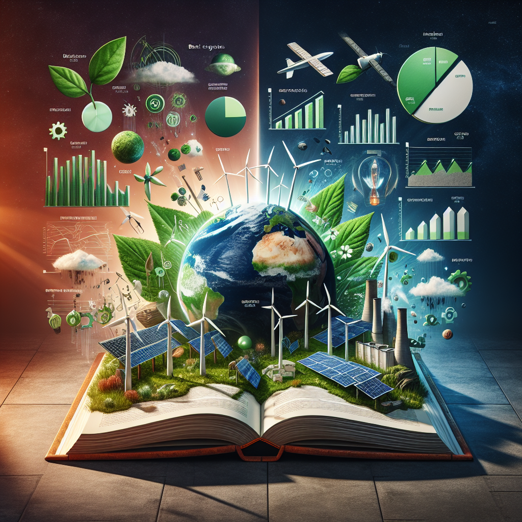 An engaging visual representation of an open book, with one page depicting various sources of clean energy such as wind turbines, solar panels, hydroelectric dams, and a green leaf symbolising biomass. The opposite page of the book displays graphs and pie-charts reflecting positive investment forecasts and growth trends in renewable energy sector. All juxtaposed against a backdrop of Earth viewed from space, surrounded by a healthier, greener aura. The top of the scene shows a banner with the words, 'Best Strategies for Climate Change Legislation’. The entire scene symbolises the potential positive impact of clean energy investments on environmental legislation.