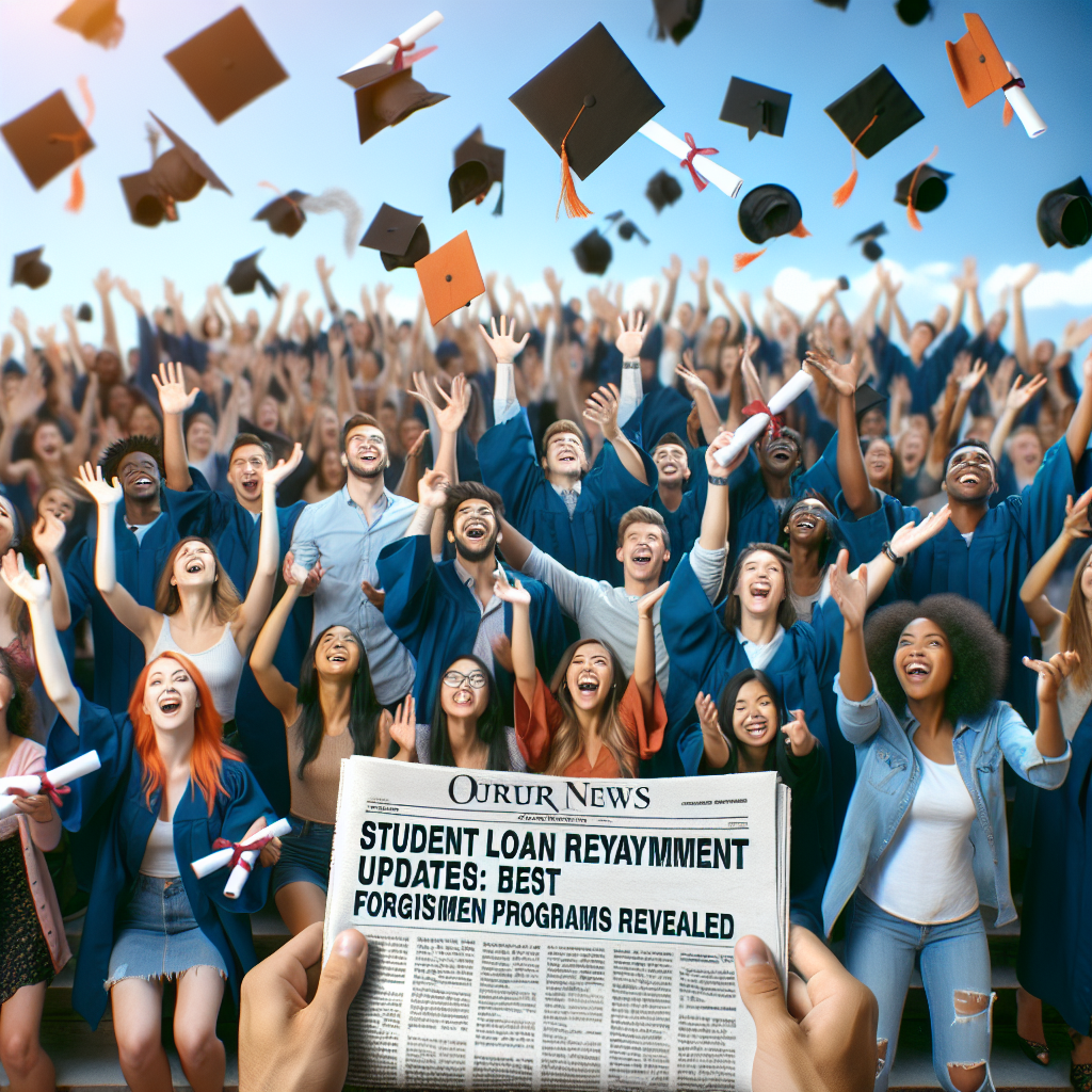 A large group of diverse college students from various descents such as Caucasian, Hispanic, Black, Middle-Eastern, and South Asian joyously tossing their graduation caps in the air against a blue sky. Some of them hold up a newspaper in their hands with the headline 'Student Loan Repayment Updates: Best Forgiveness Programs Revealed'. Visible nearby, on a stand, is a pile of other newspapers with the same headline. The focus of the image is a sense of relief, triumph, and the beginning of a new chapter without the burden of student loans.