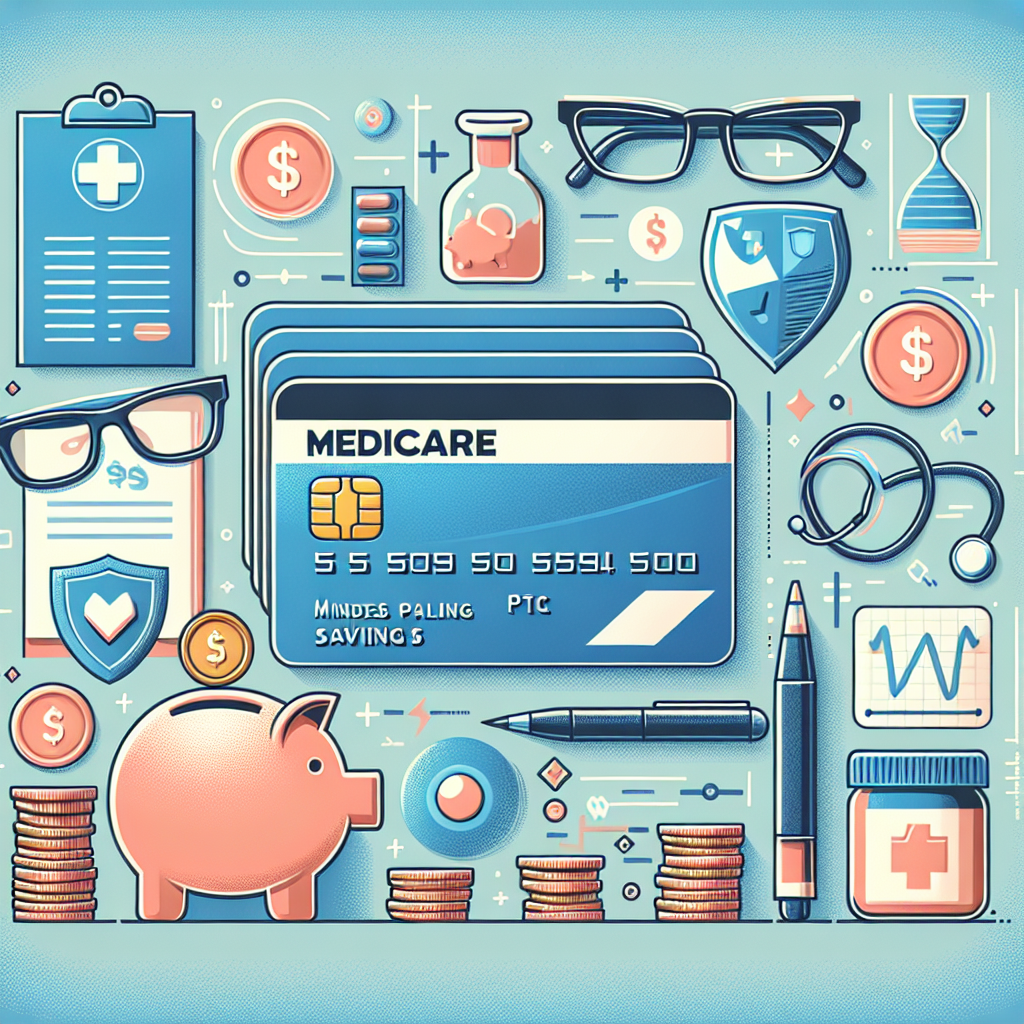 A picture showcasing a Medicare card alongside various money-saving symbols such as coins, piggy bank, savings jar etc. The image also features a simplified chart or infographic indicating methods to reduce healthcare costs, and a pair of glasses and a pen potentially indicating careful research and planning. The background is filled with subtle outlines of health-related symbols (perhaps a stethoscope, a hospital icon, medicine bottles). Make sure the color scheme is soothing yet professional with dominant shades including blues and greens. All these elements are depicted in a balanced manner evoking a sense of financial planning in the healthcare sector.