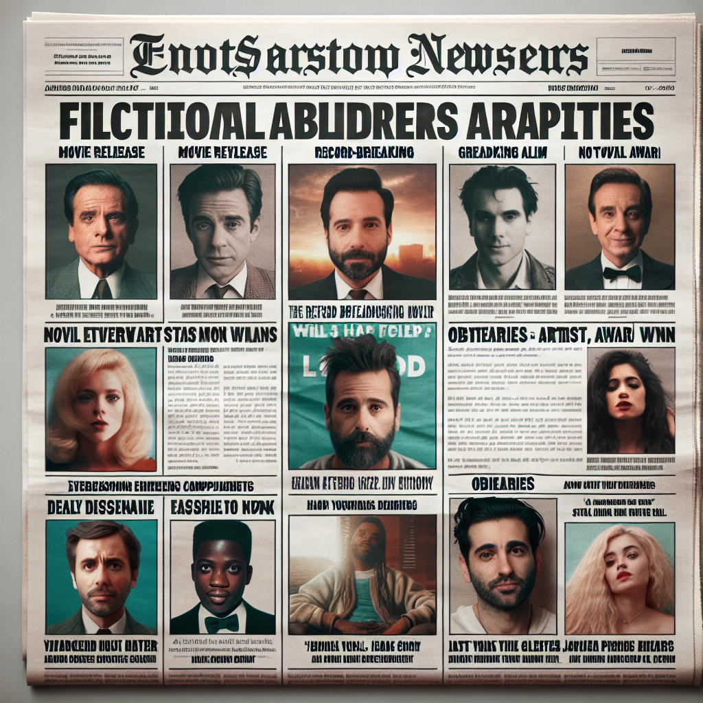 A mock newspaper front page showcasing major milestones and significant events in the lives of fictional celebrities. The layout should include headlines with accomplishments, perhaps a record-breaking movie release, a groundbreaking album, or a novel award win, as well as obituaries commemorating artists who have passed away. Make sure to have a substantial photo of each fictional star referenced. Their appearance should be varied, reflecting diverse descents and genders. Essentially, the visual should depict a variety of achievements and losses in the fictional entertainment industry. All elements, from the design to the content, should evoke the style of popular entertainment news platforms.