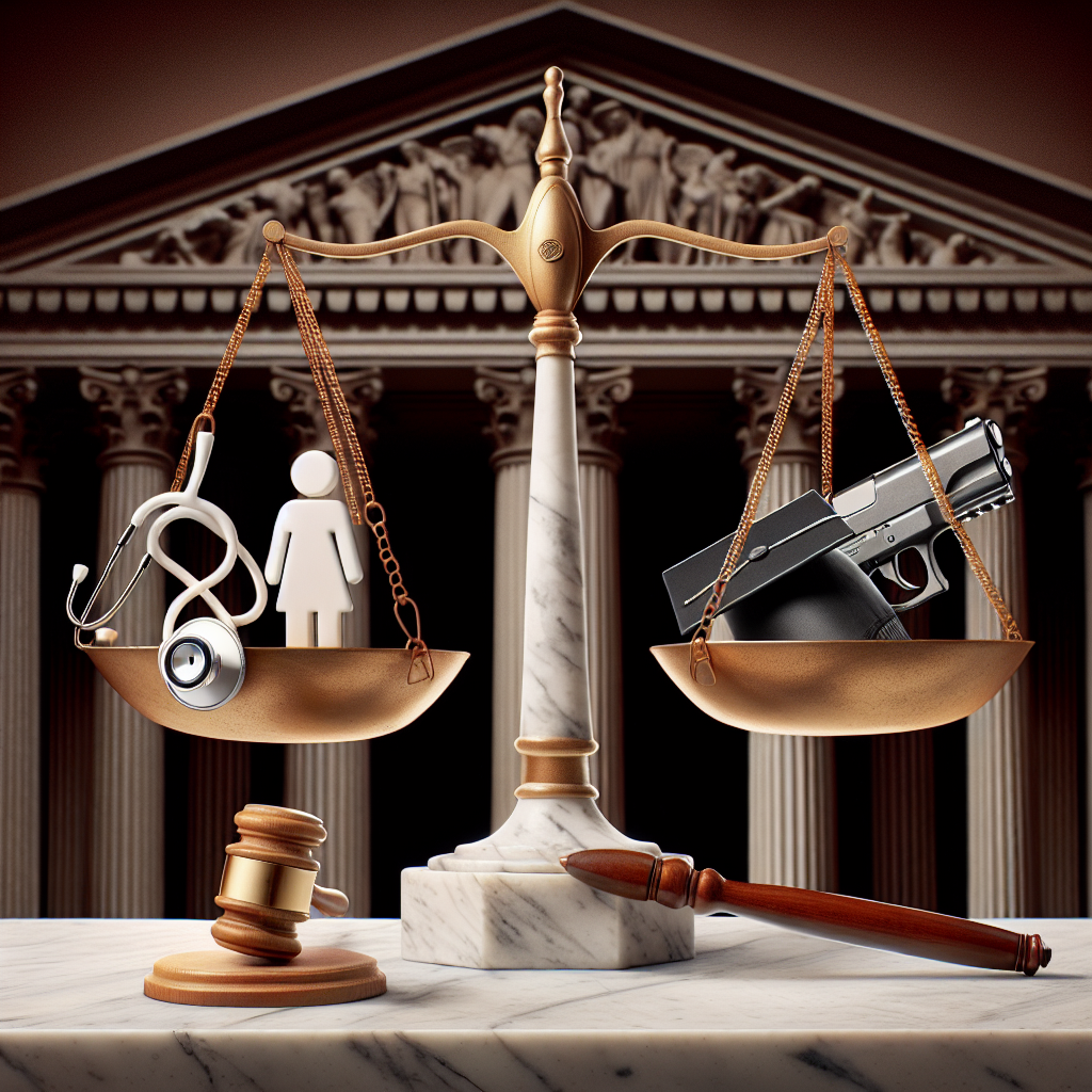 A symbolic representation of three significant topics related to United States policy: abortion, gun laws, and student loans. Exhibit a balanced scale representing justice on a marble pedestal. On one side of the scale, show a stethoscope symbolizing healthcare and a graduation cap representing student loans. On the other side, include a gavel indicative of laws and a symbol of gun control, like a gun with a strike through it. In the background, portray a backdrop of a classic Greco-Roman architecture, suggesting a court environment.
