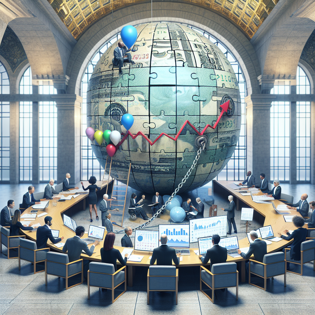 Create a visually compelling image that symbolizes the concepts of Federal Reserve Interest Rate Decisions and Inflation Control. This could include a large-scale puzzle with pieces coming together to form an abstract representation of a dollar bill. On one side, depict economic analysts diligently studying reports and graphs, indicating their strategic planning. On the other side, show the effects of inflation - perhaps visualized as a balloon being filled with air, but also chained to a heavy weight representing control. Please set the scene in a massive, airy, glass-domed bank vault for context. The analysts should be a diverse group of men and women from a variety of descents including Caucasian, Hispanic, Black, Middle-Eastern, and South Asian.