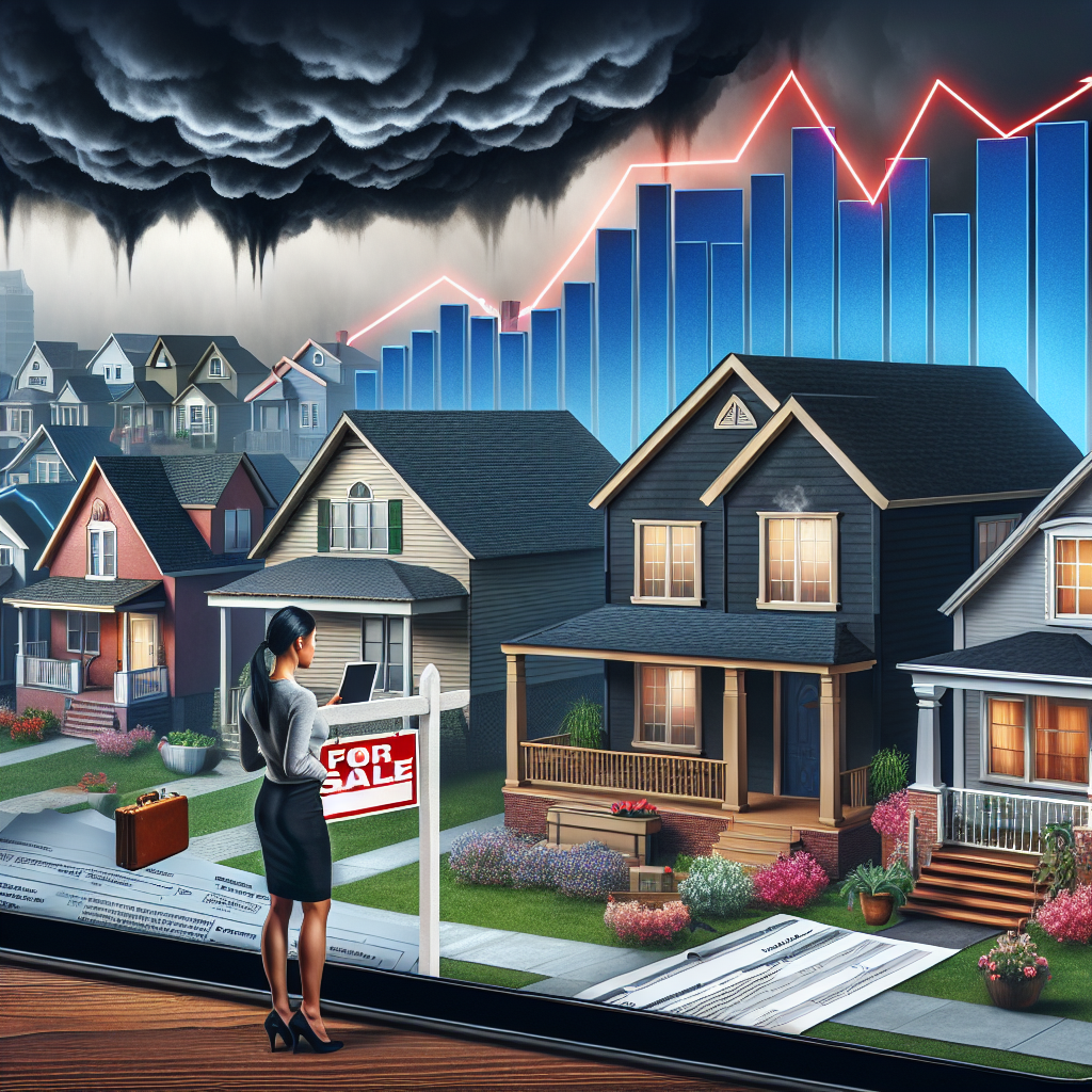 Visualize a scene of a suburban neighborhood with diverse American homes. Depict several houses having a red 'for sale' sign out front, symbolizing the high volume of sellers in the housing market. Show stormy clouds casting a negative shade over the houses, representing rising mortgage rates. Some houses should be well maintained, while others look abandoned or in poor condition due to financial hardships. An Asian woman, looking concerned, stands at the entrance of a house, holding a mortgage agreement. A black man looks at a skyrocketing chart on a digital tablet which represents the increasing mortgage rates.