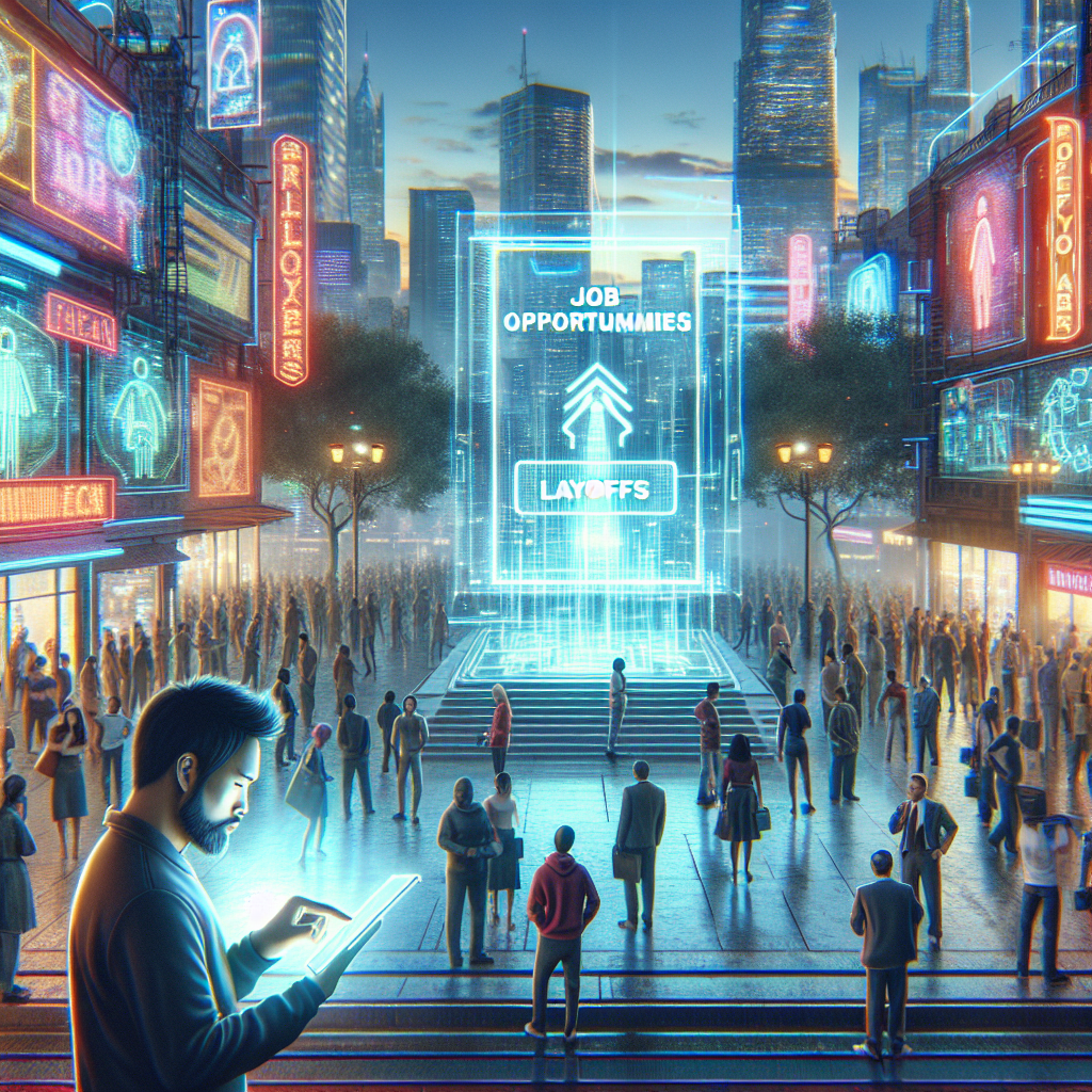 Create a detailed image showing a tech-oriented cityscape in the evening, lit by neon signs and holographic billboards. Depict a public space with a diverse crowd of people of different descents, some are looking worried and discussing something, perhaps layoffs. Have a visible billboard displaying 'Job Opportunities' in large, glowing letters. Additionally, depict an individual of South Asian descent leafing through digital job opportunities on a transparent, futuristic device. This scene should convey a mixture of concern and hope, reflecting the highs and lows of the tech industry.