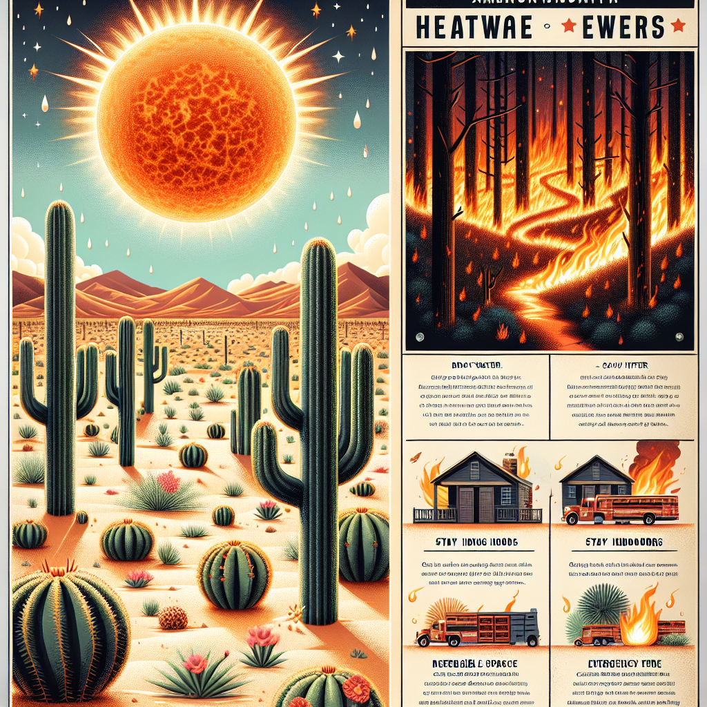 An illustrative image visualizing a harsh heatwave during the daytime in the American southwest desert. Cacti growing and a sun that seems overwhelmingly large and blazing hot over the arid sandy landscape. On a separate scene, envision a wildfire burning through dense forest, fire spreading on the trees, and embers floating in the air. Also incorporate, an infographic containing vital safety tips for dealing with heatwaves and wildfires such as drinking plenty of water, staying indoors, creating defensible space around homes, and emergency evacuation routes.