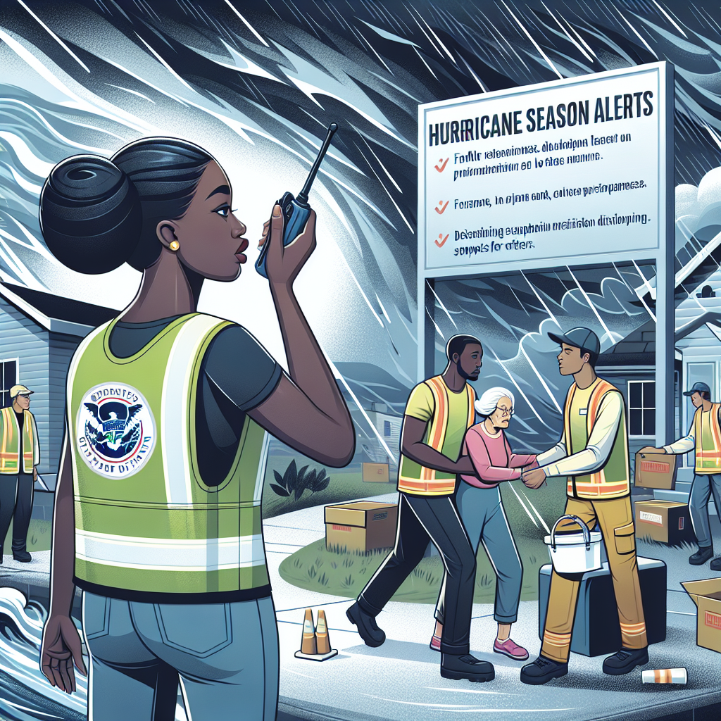 Visualize a scene demonstrating FEMA's emergency preparedness during the hurricane season. In the foreground, place a strong, fast-responding black woman in a safety vest, calling out orders from a walkie-talkie. In the background, show a team of diverse individuals such as a middle-eastern man helping an elderly white lady, and an Asian woman distributing supplies to others. Emphasize intense weather with heavy rain, blowing wind, and ominous stormy clouds. Integrate a clear sign that reads 'Hurricane Season Alerts' with some informative bullet points detailing the best practices for safety.