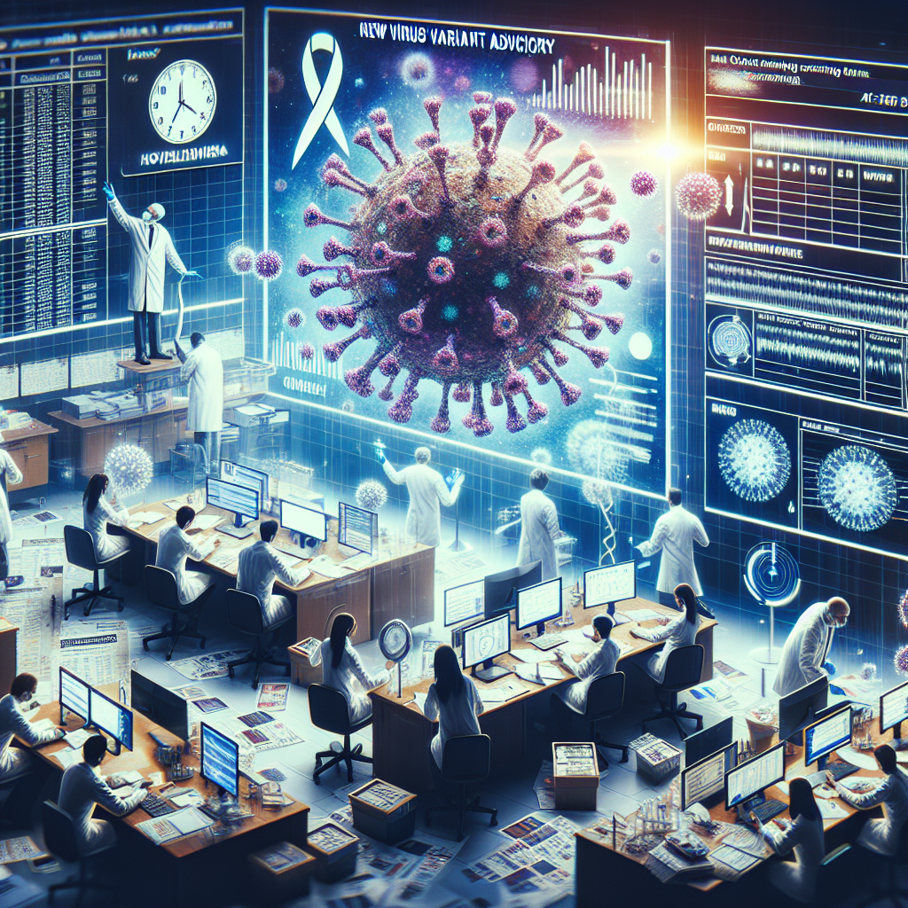 Generate an illustrative image depicting the urgency of a new virus variant advisory. Picture a medical laboratory with scientists of diverse descent working fervently. Show a large computer screen displaying a virus structure modeling the variant, and papers strewn about with concerning data. A large clock on the wall indicates that it's late, highlighting the unending work. Avoid using logos, symbols, or specific people. The imagery should stress a sense of urgency and commitment in facing the new challenge.