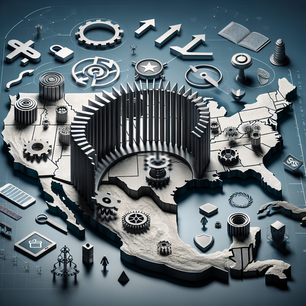 An informative image depicting a symbolic representation of the United States immigration policy changes. The scene features a large, abstract metallic structure, signifying the border, placed diagonally across a map of the United States. Alongside it are assorted symbols of change such as arrows, rotating gears, balance scales. Additional elements to symbolize security updates like lock icons, shields, and security camera icons are scattered around. No people are presented in this image.
