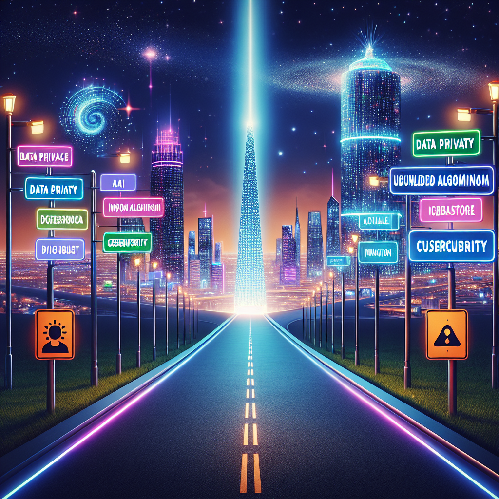 Imagine a symbolic representation of AI regulation. There's a paved road leading to a futuristic city skyline glowing with neon lights, embodying innovation. On the road, there are signboards reflecting essential aspects of AI regulation such as data privacy, unbiased algorithm, and cybersecurity. In the foreground, a towering beacon of light symbolizes the White House, guiding the path forward, emphasizing the importance and responsibility of regulation in AI innovation. The sky embellishes the scene with distant stars, suggesting the limitless possibilities of AI technology under prudent governance.