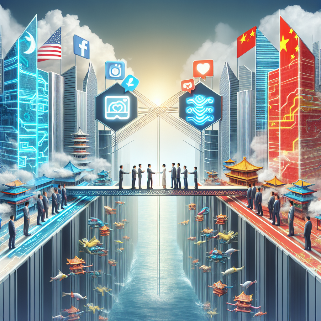 A conceptual scene visualizing the intense tech tension between the US and China. Picture two differently styled skyscrapers representing each country, connected by a bridge adorned with tech symbols. On the bridge, a symbolic sign representing a social media app is being disputed by people wearing business suits. Show hints of cultural elements from both countries. Make sure to show elements of tension and disagreement, but keep the scene civil and respectful.