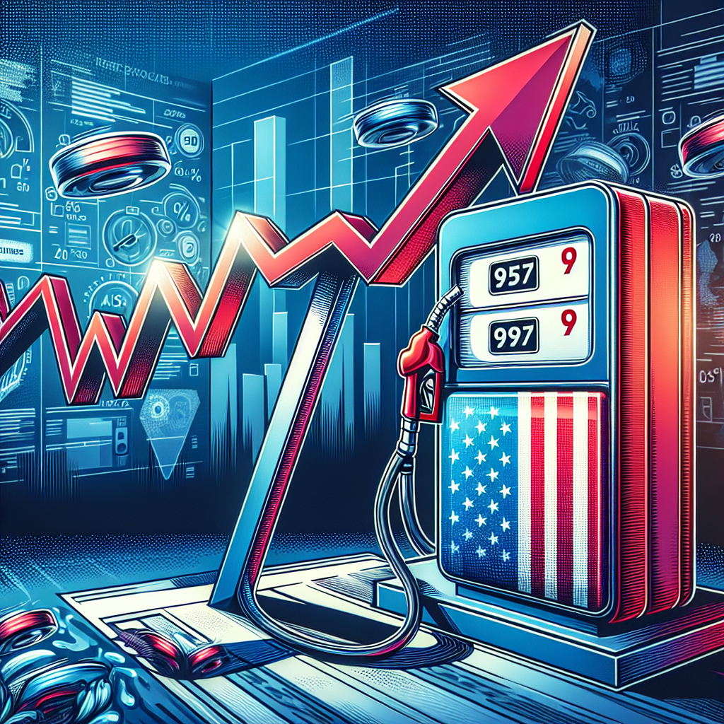 An impactful conceptual graphic illustrating a dramatic fall in gas prices. Dominating the scene is a traditional three-segmented gas pump, stickers showing significantly low prices. Look for the pump to be colored in the classic red, white, and blue of the American flag to symbolize the United States. Adjacent to the pump, a dynamic arrow plunges steeply downwards representing the plummeting prices. The background could possibly be a stylized depiction of a policy document, showing vague phrases, symbols or graphs related to energy policy. Set it amid an ambiance of major city infrastructure filled with cars of various sizes.